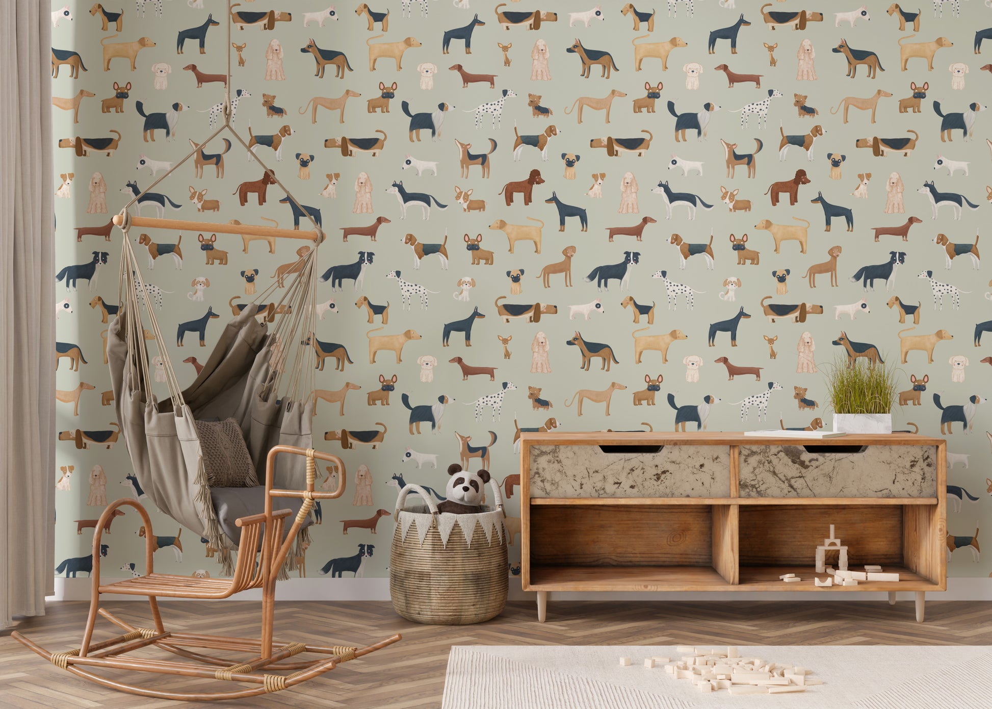 Vibrant wallpaper with cute dogs for kids' space
