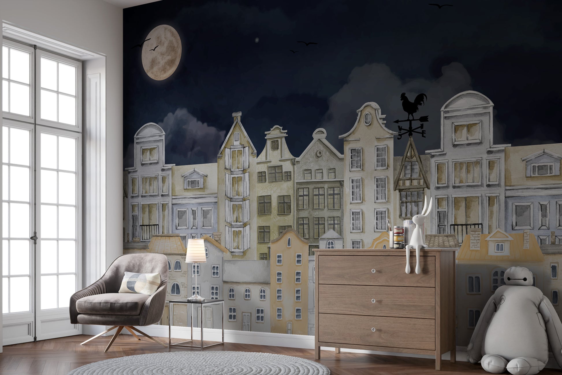 Perfect nursery room vibes: Watercolor Night House Wallpaper