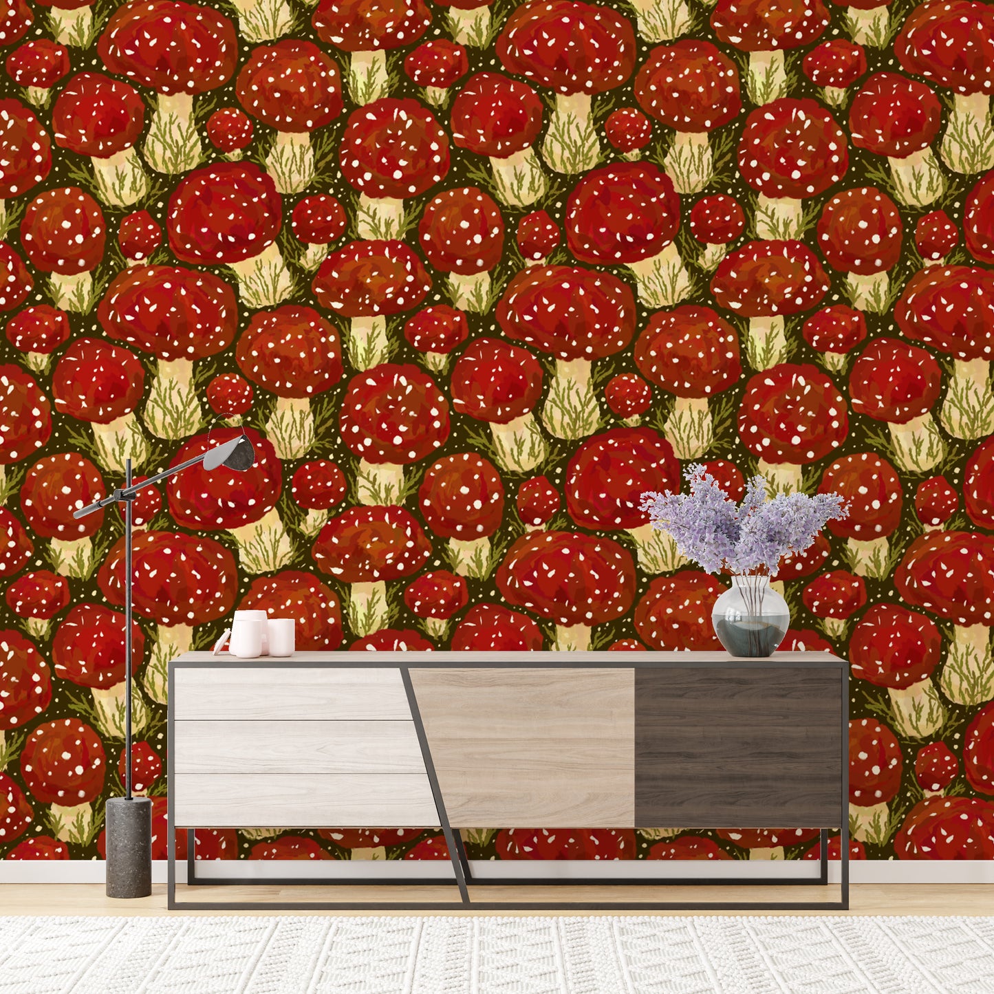 Charming red mushroom meadow peel and stick wallpaper for cozy walls.
