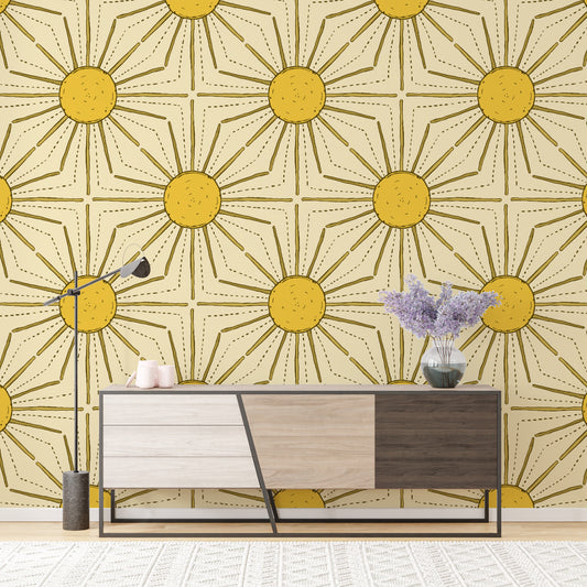 Vibrant yellow sunburst peel and stick wallpaper for any room.
