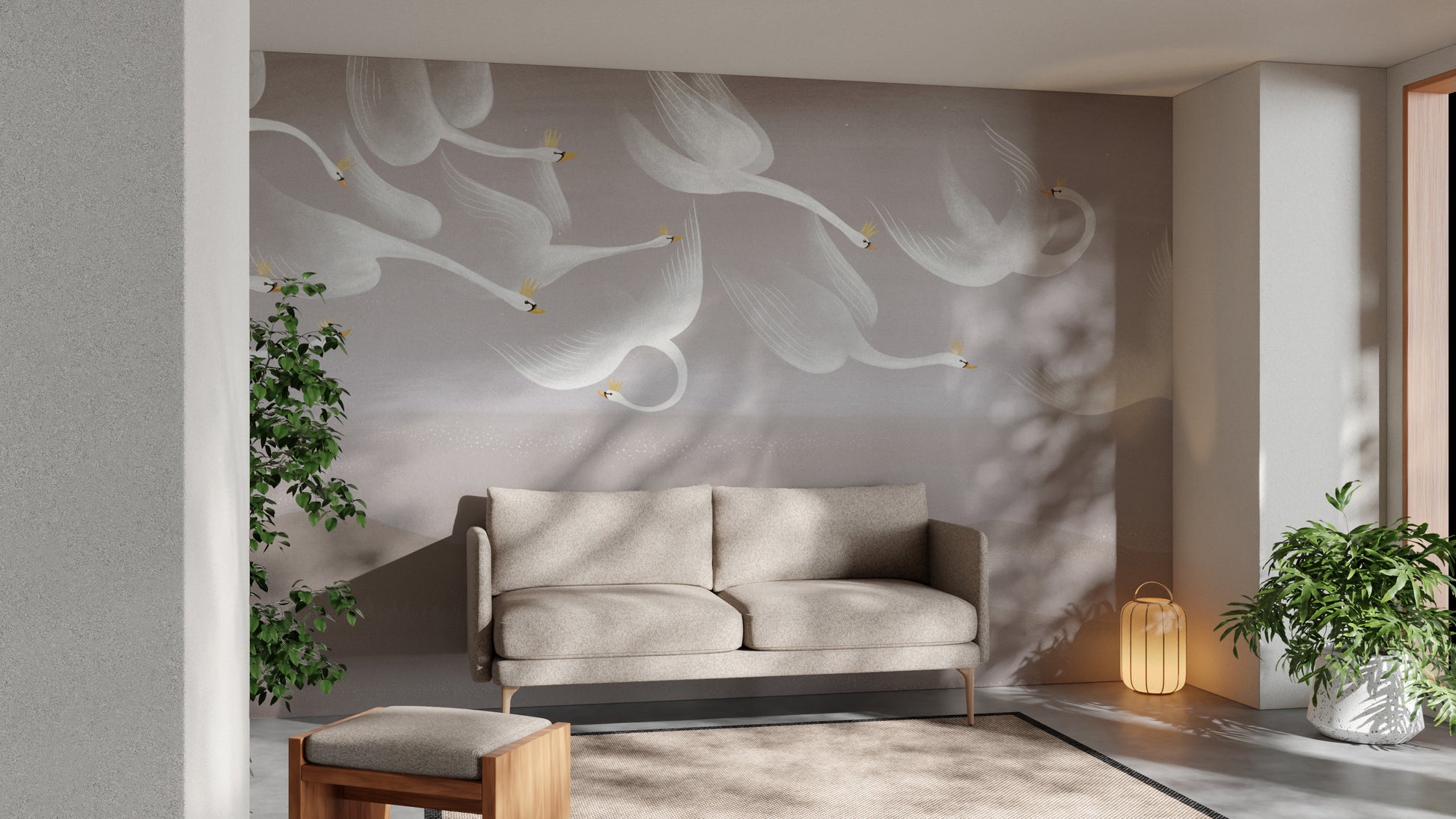 Misty forest swan wall mural for elegant decor
