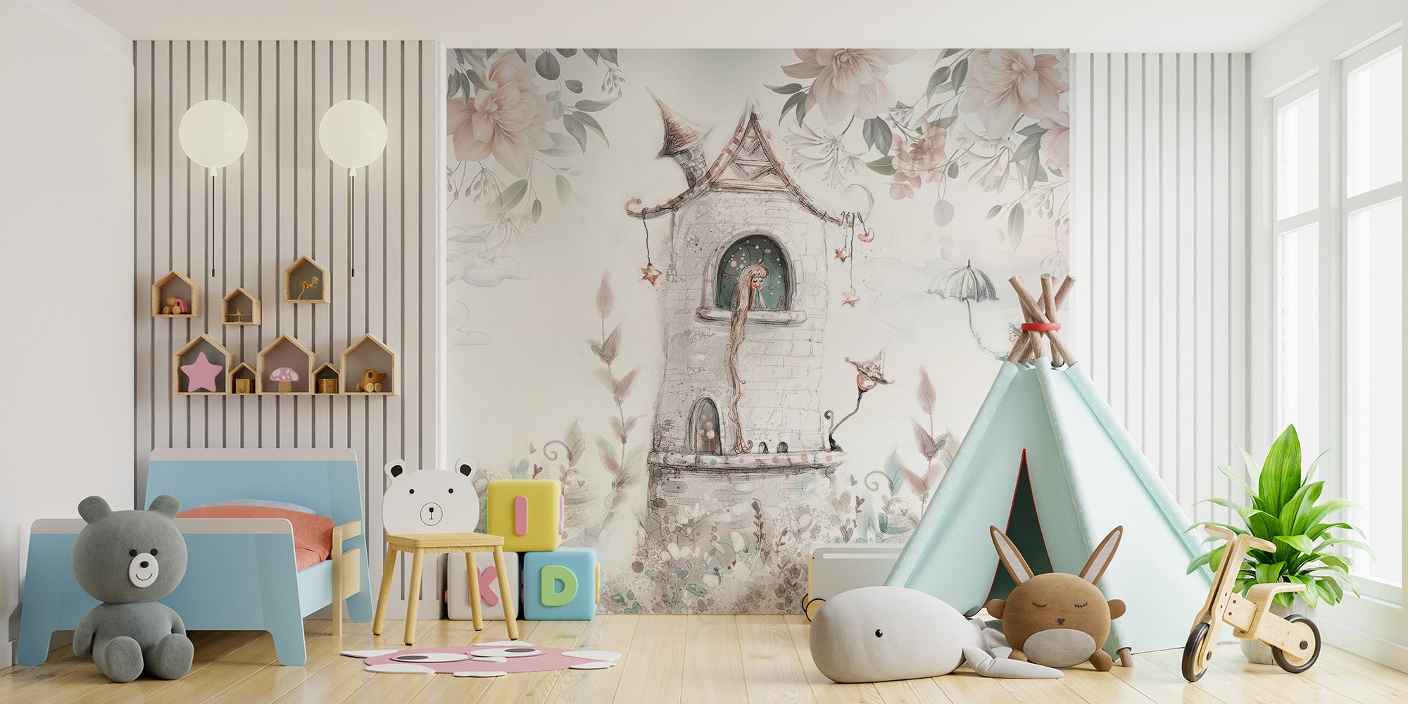 Elegant floral princess tower wallpaper mural for charming decor.