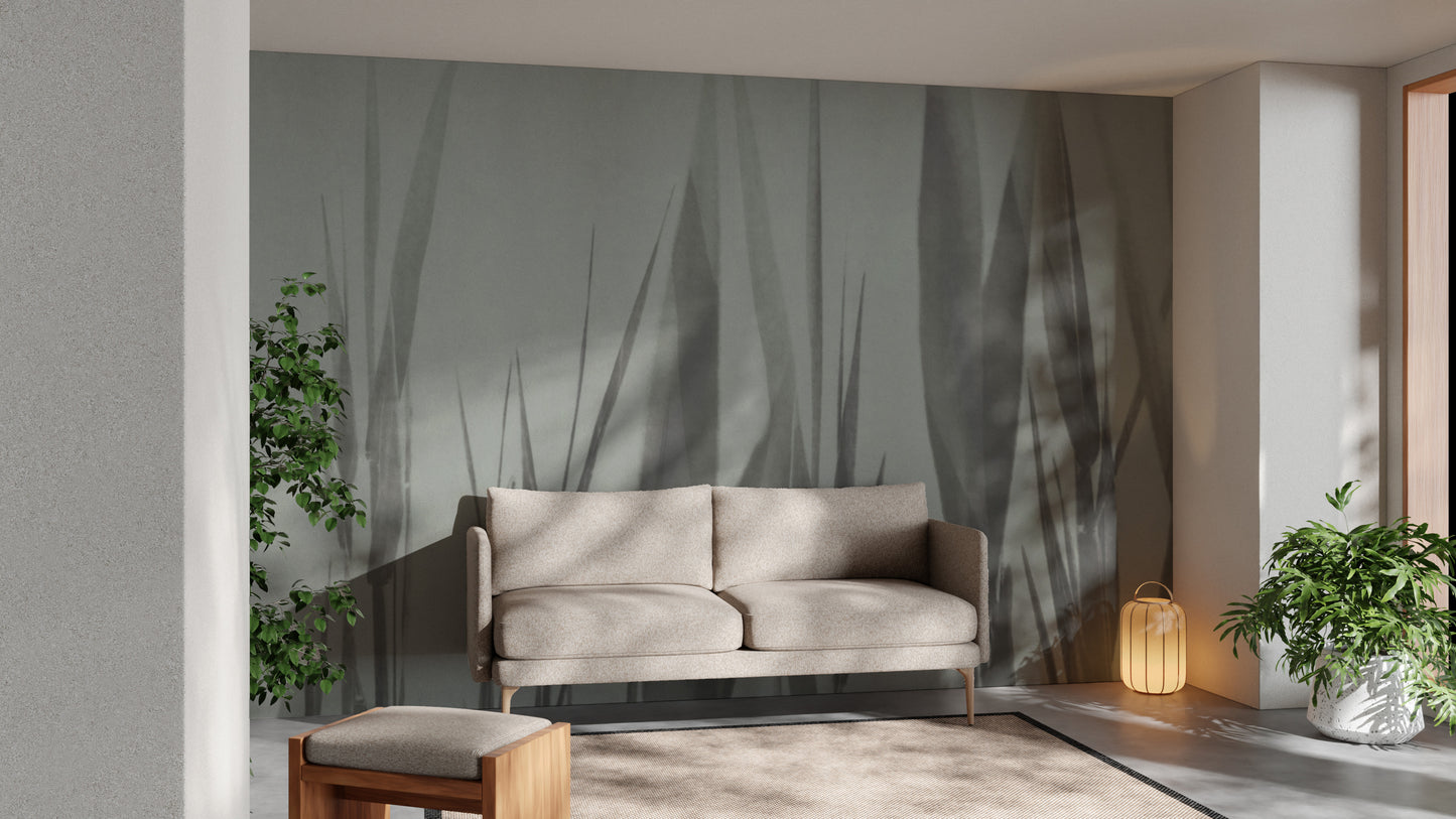 Watercolor grass mural with soft monochrome aesthetics
