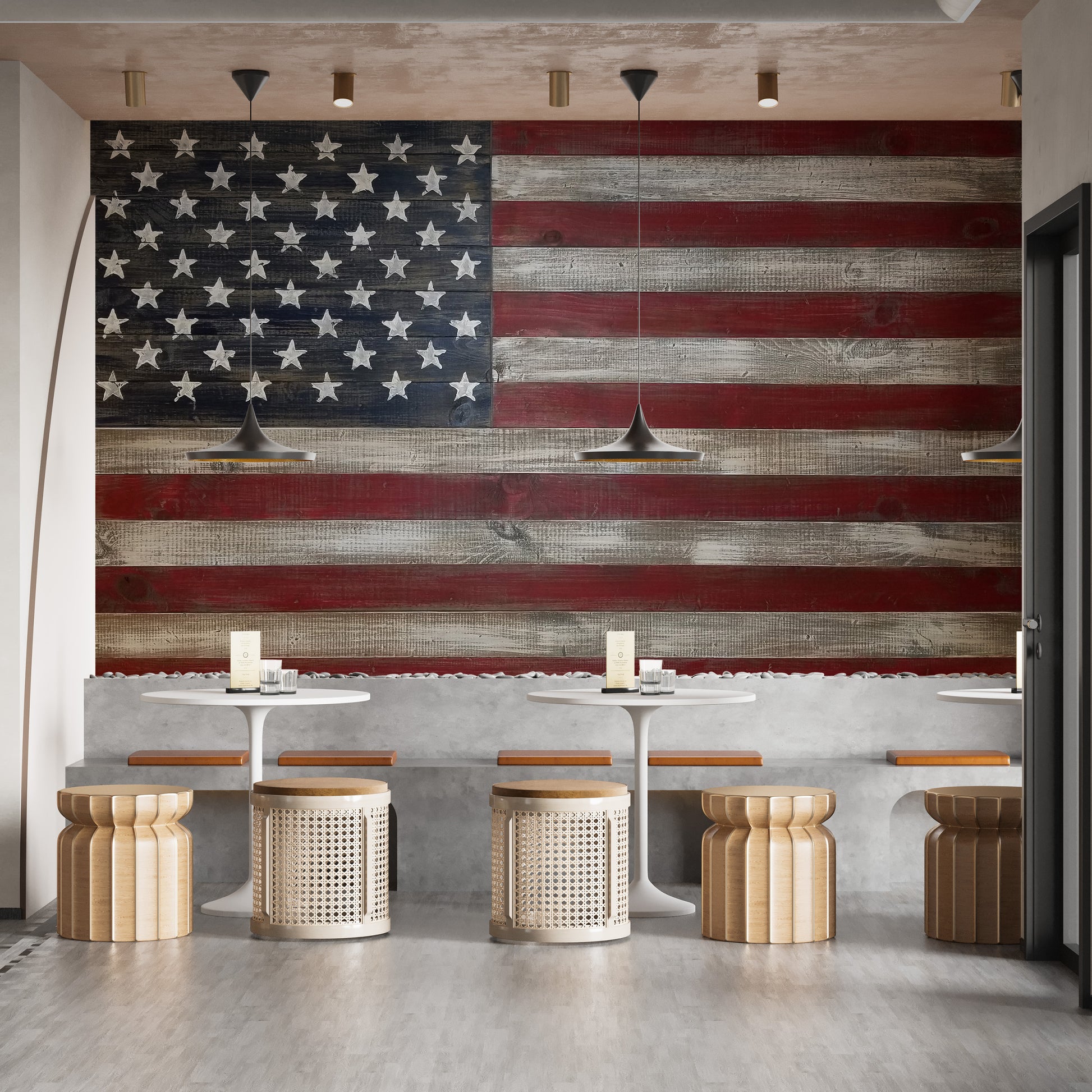 American flag mural wallpaper rustic cafe
