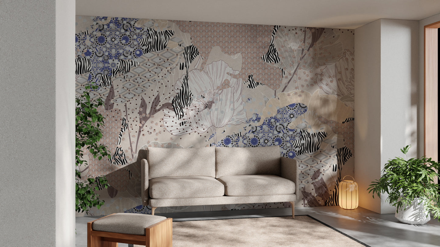 Modern abstract floral mural with botanical elements
