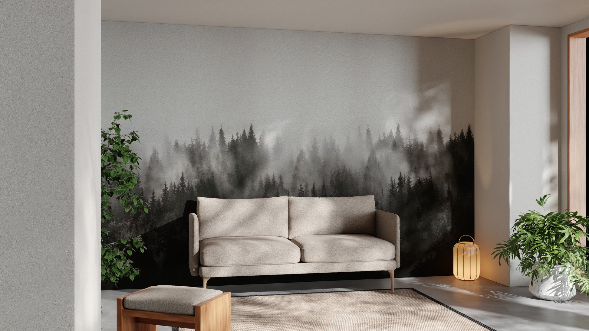 Dreamy foggy pine forest mural for nature-inspired spaces.
