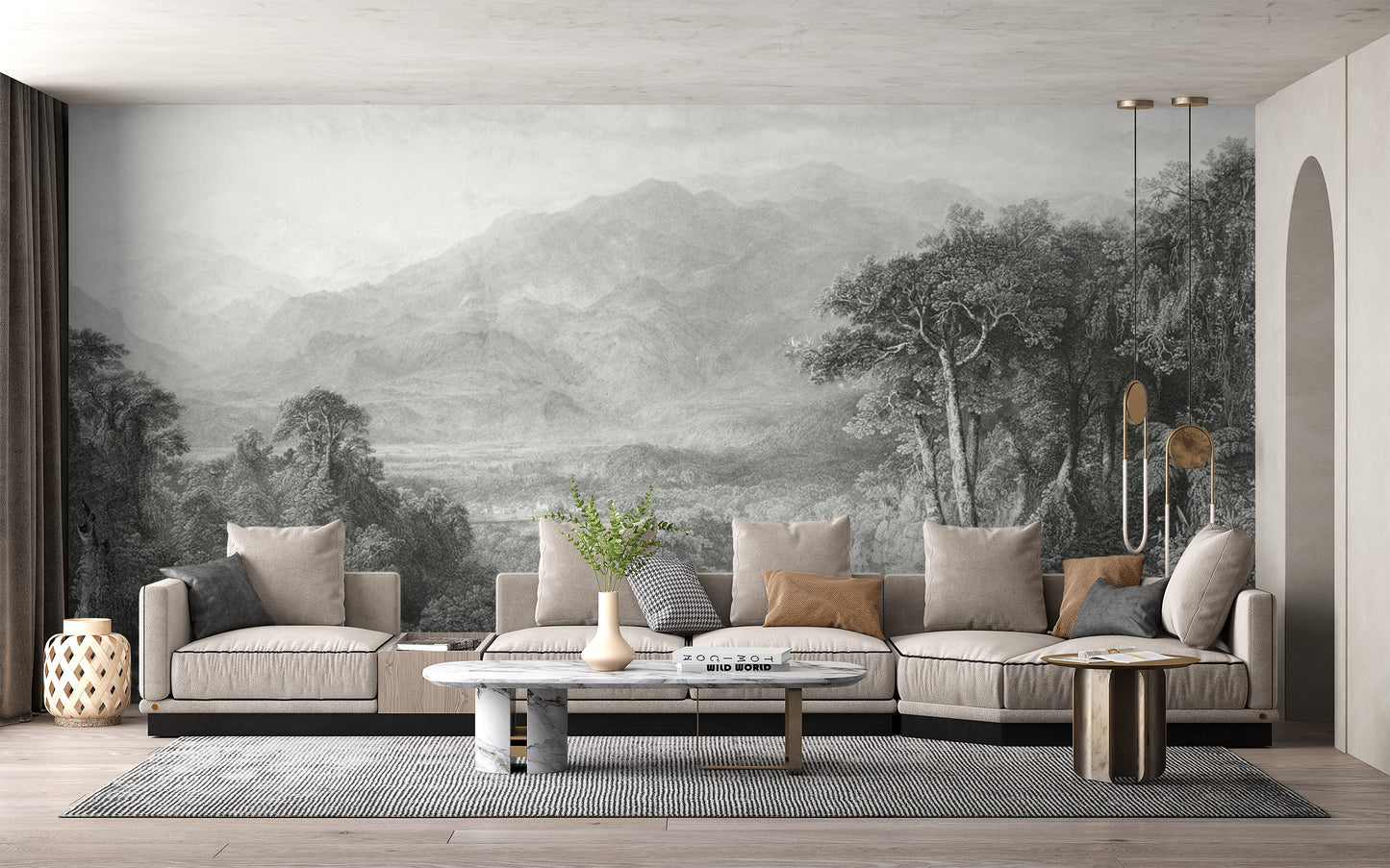 Hand-drawn landscape mural with detailed forest view
