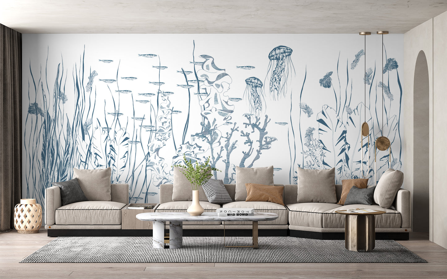 Ocean-themed wall art featuring jellyfish and seaweed
