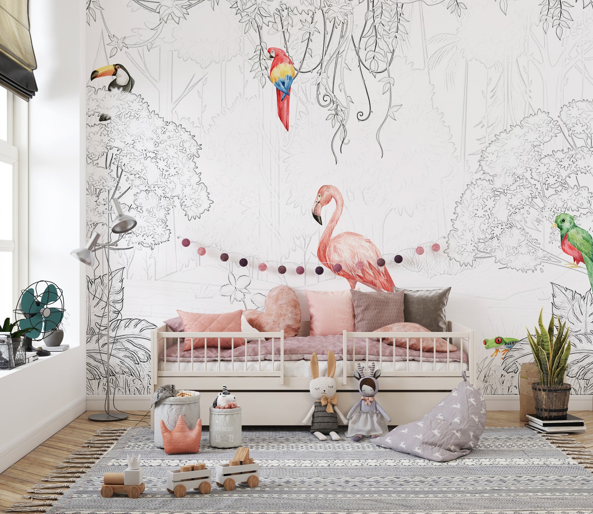 Tropical aviary wallpaper showcasing hand-drawn beauty