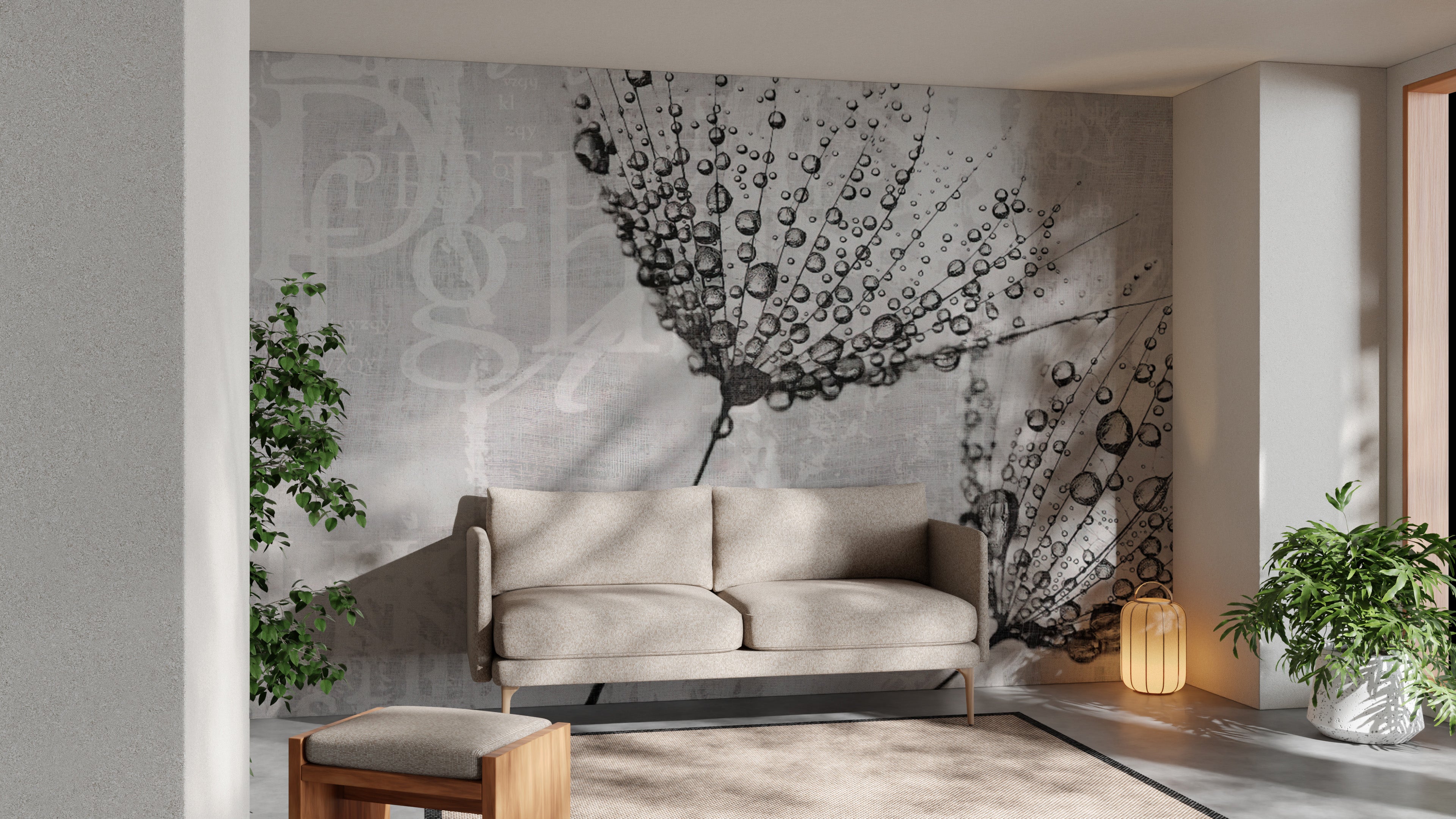 Dreamy dandelion macro photography mural in grayscale
