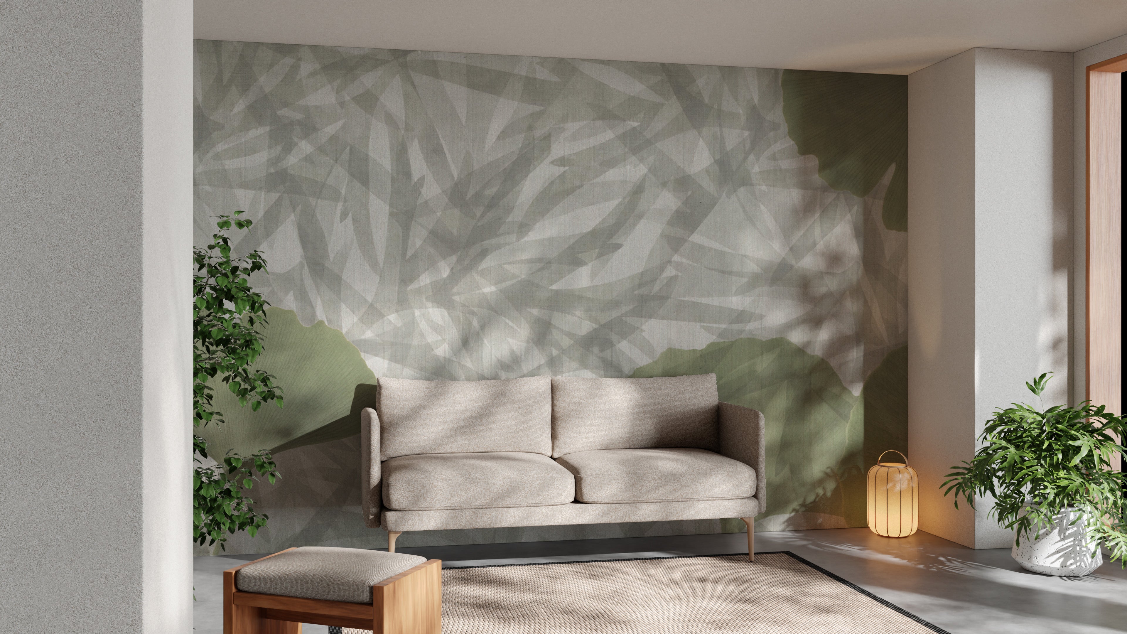 Nature-inspired ginkgo leaf wall mural in soft green tones
