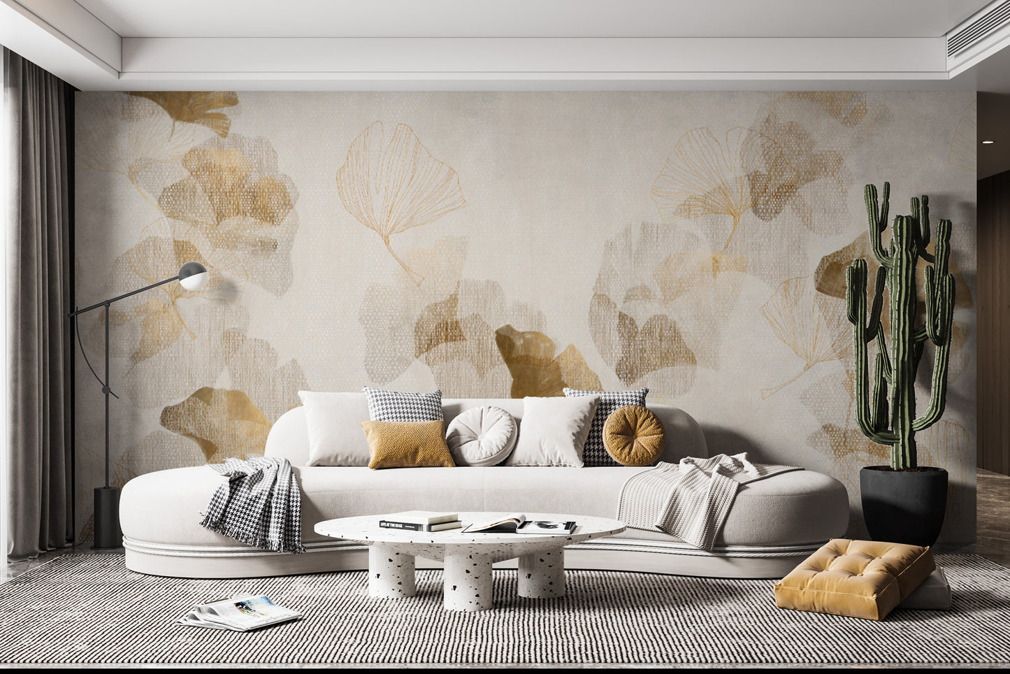 Minimalist light beige ginkgo wallpaper with subtle patterns
