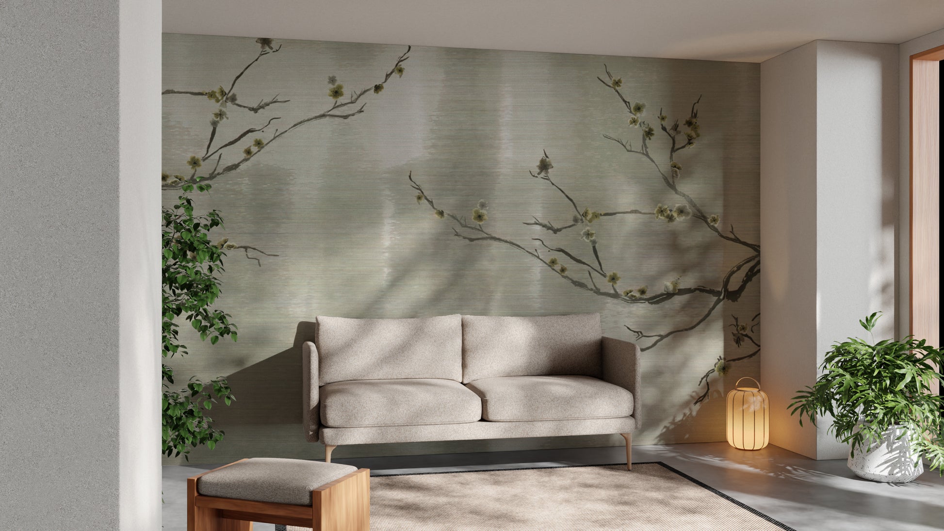 Soft pastel blossoms adorn this Japanese wallpaper mural.