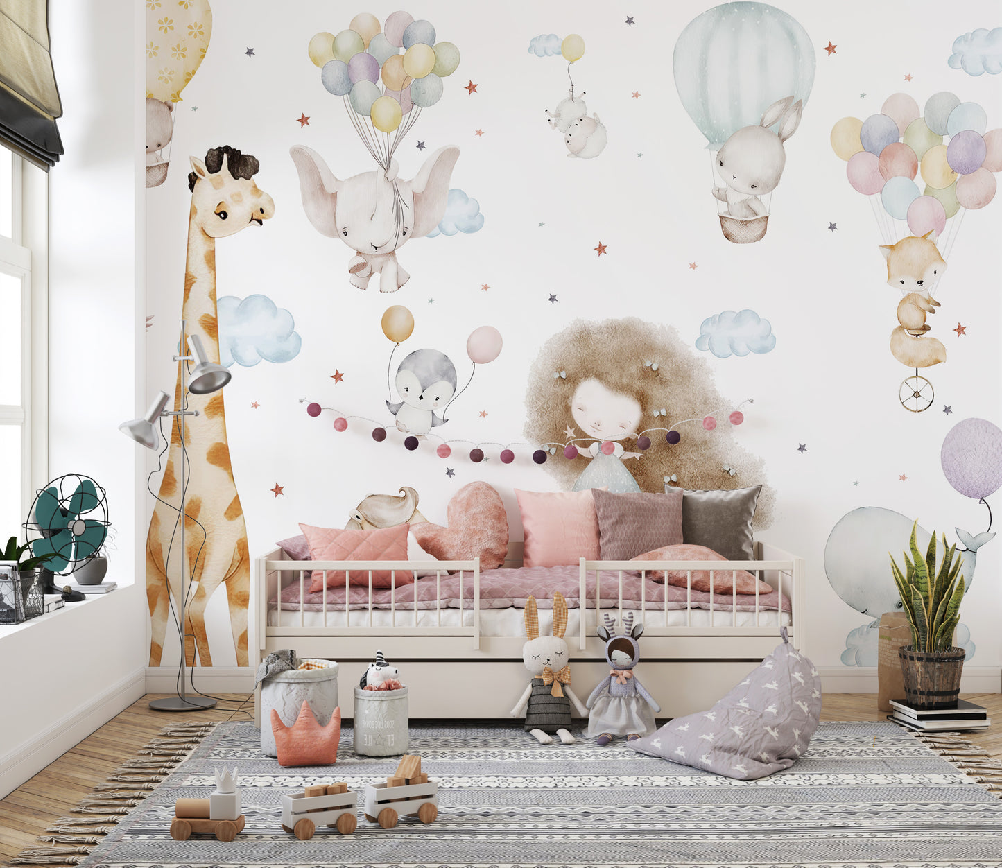 Whimsical cloud wallpaper with playful characters mural art.
