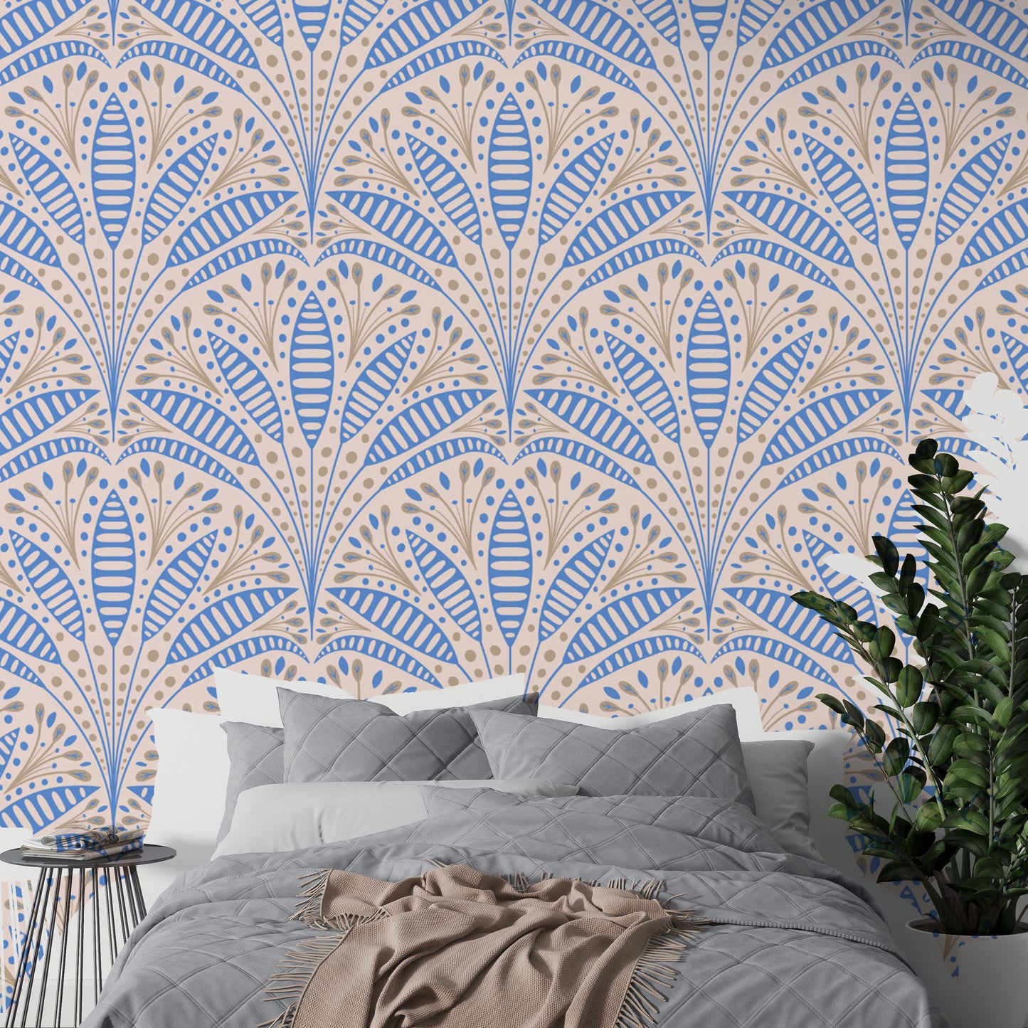 Sophisticated blue palm wallpaper in a classic Art Deco style.
