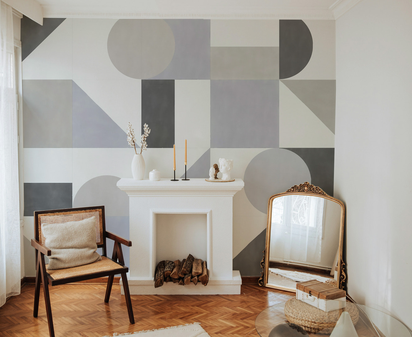 Modern geometric abstract wallpaper in neutral tones
