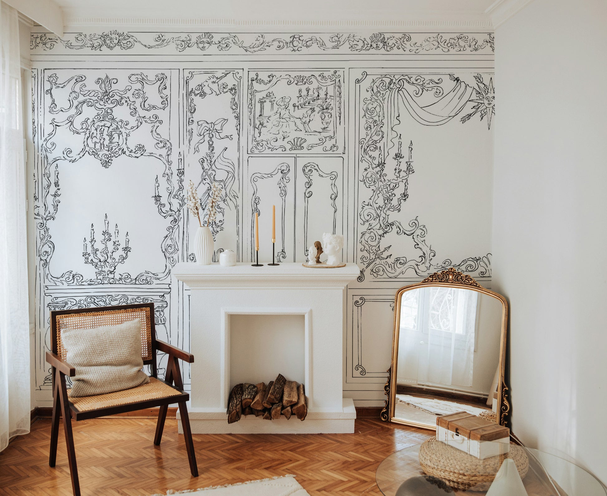 Historical architectural detail wallpaper with ornate moldings
