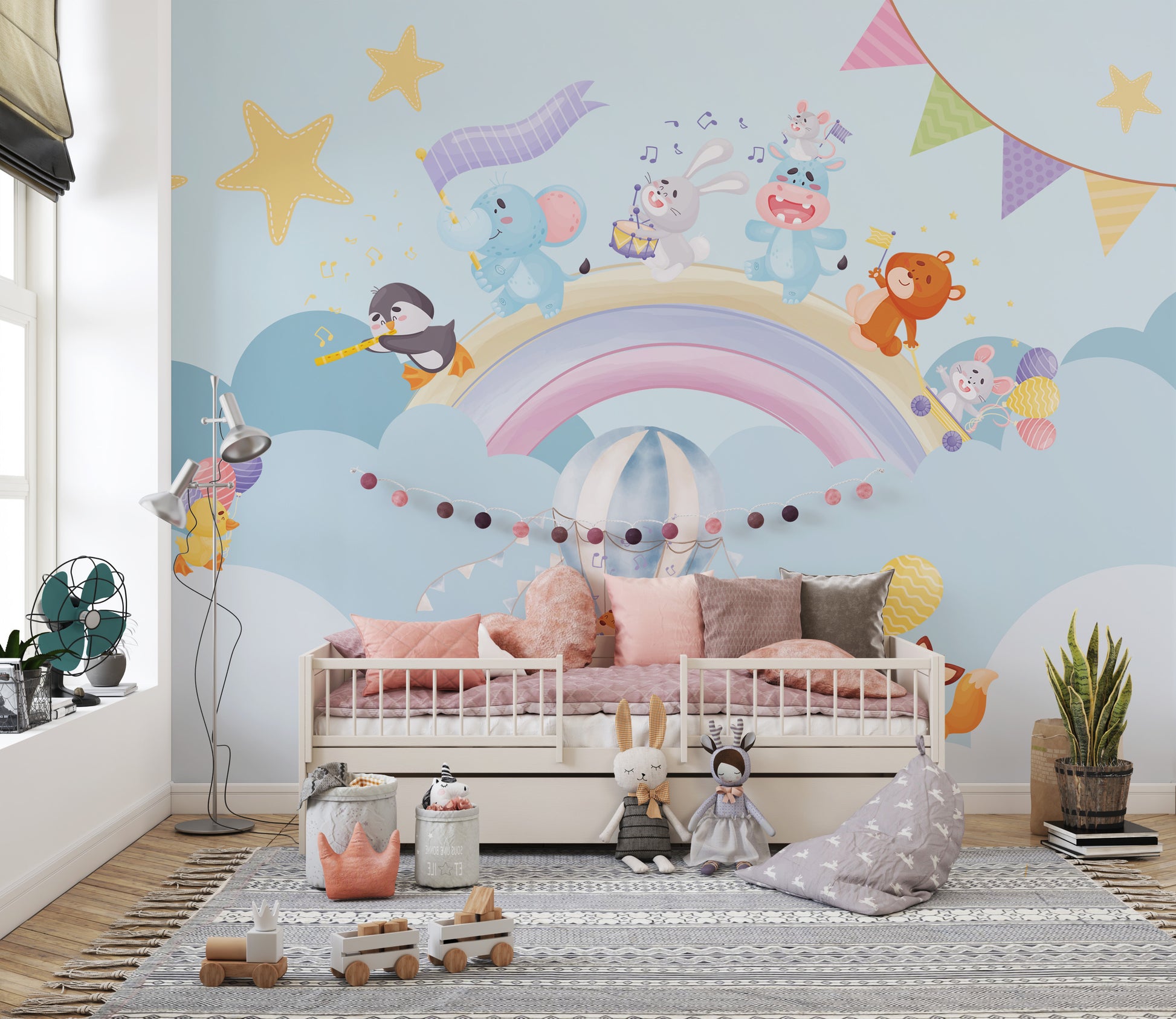 Musical Animals Rainbow Parade Mural removable wallpaper