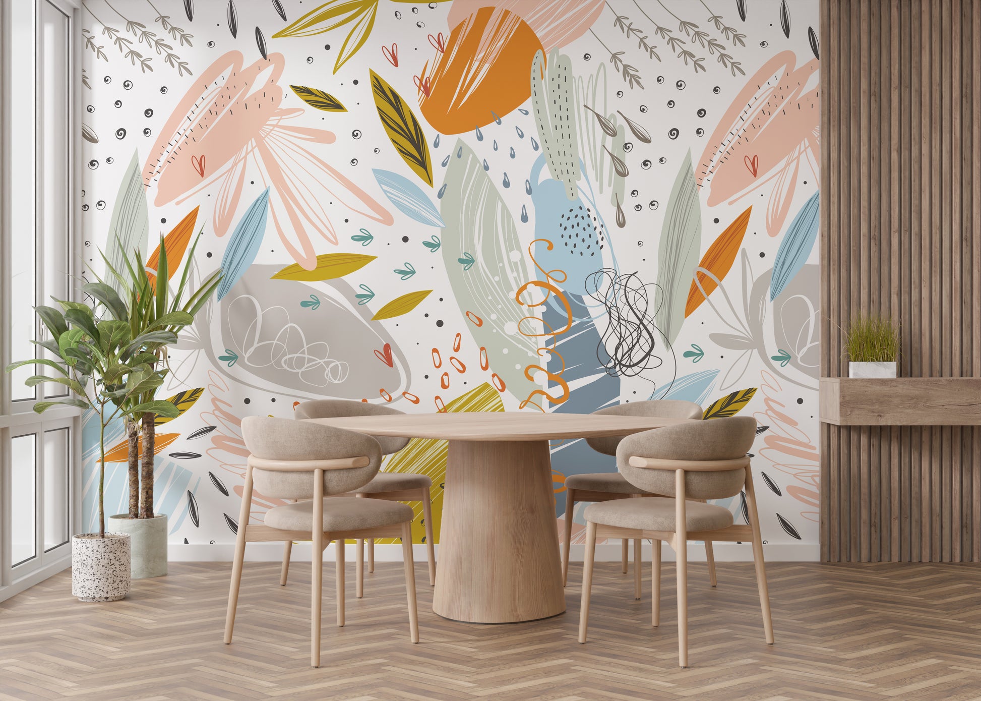 Contemporary floral doodle mural design