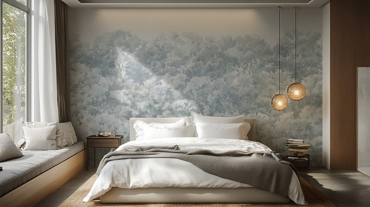 Nature-inspired blue buttonwood wallpaper for interiors