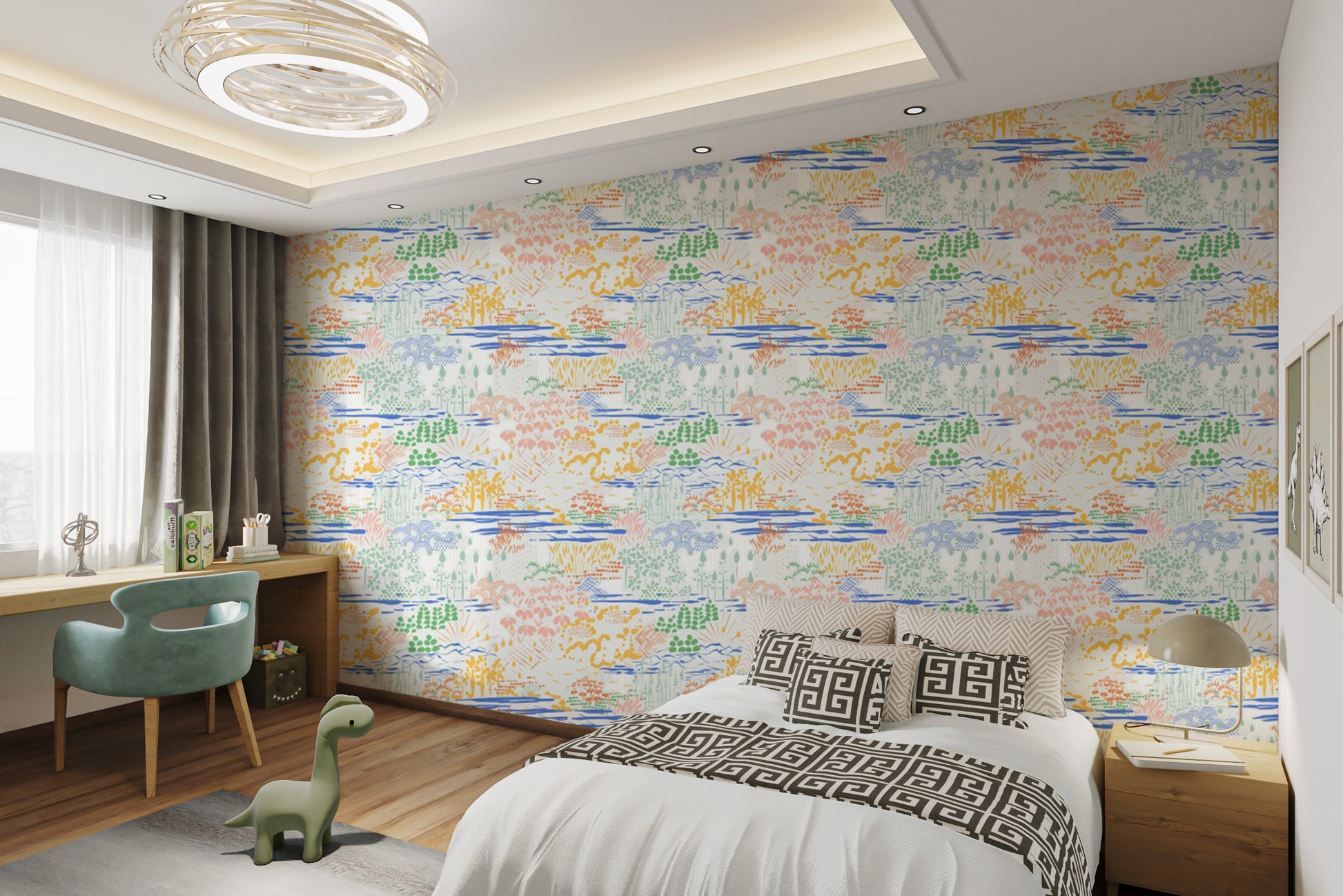 Easy-to-apply patterned landscape wallpaper decor