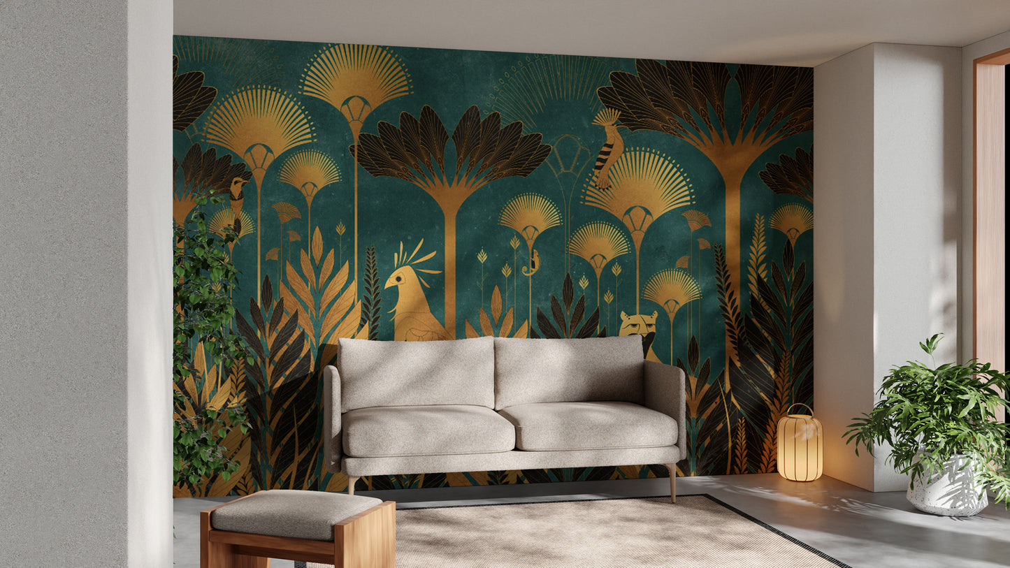 Teal luxurious Art Deco jungle wallpaper with golden parrots
