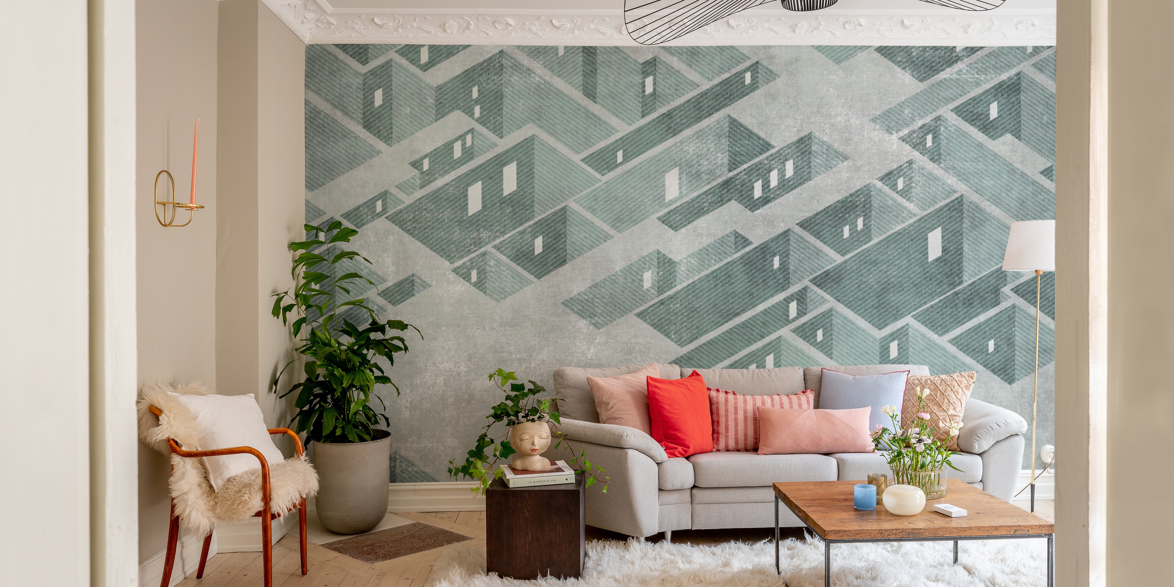 3D isometric mint green abstract building wall mural
