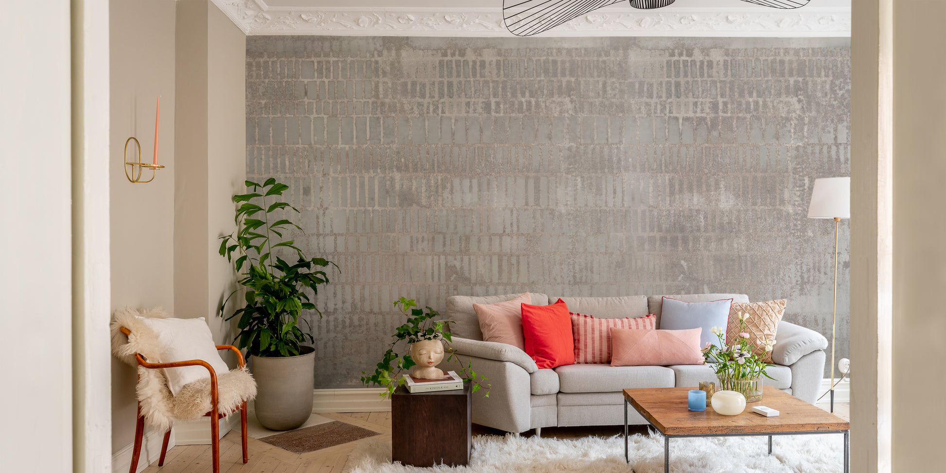 Concrete wallpaper with grid pattern and earthy tones
