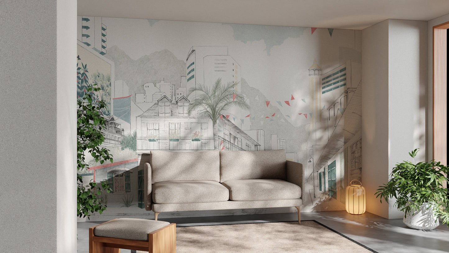 Hand-Drawn Urban Cityscape Mural