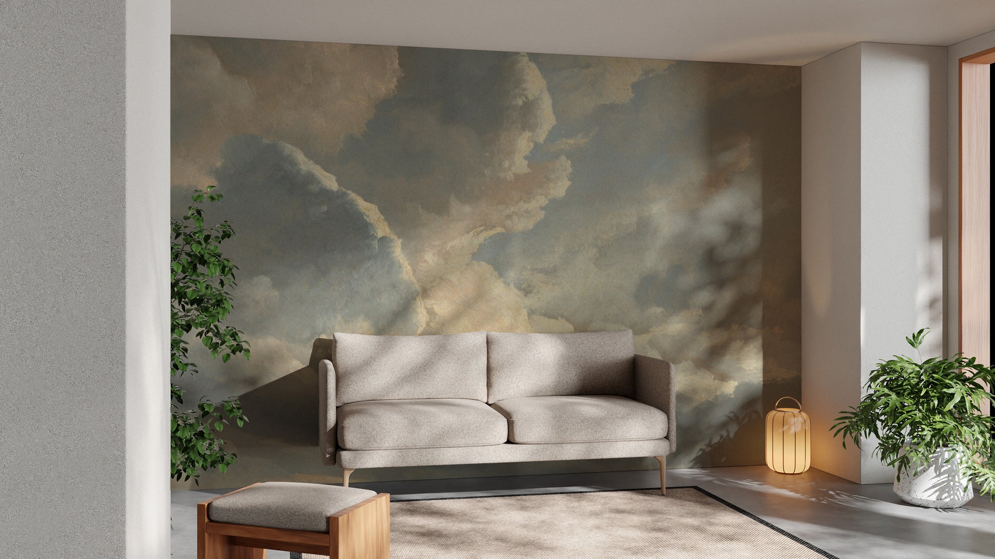 Serene atmospheric sky mural with stormy clouds
