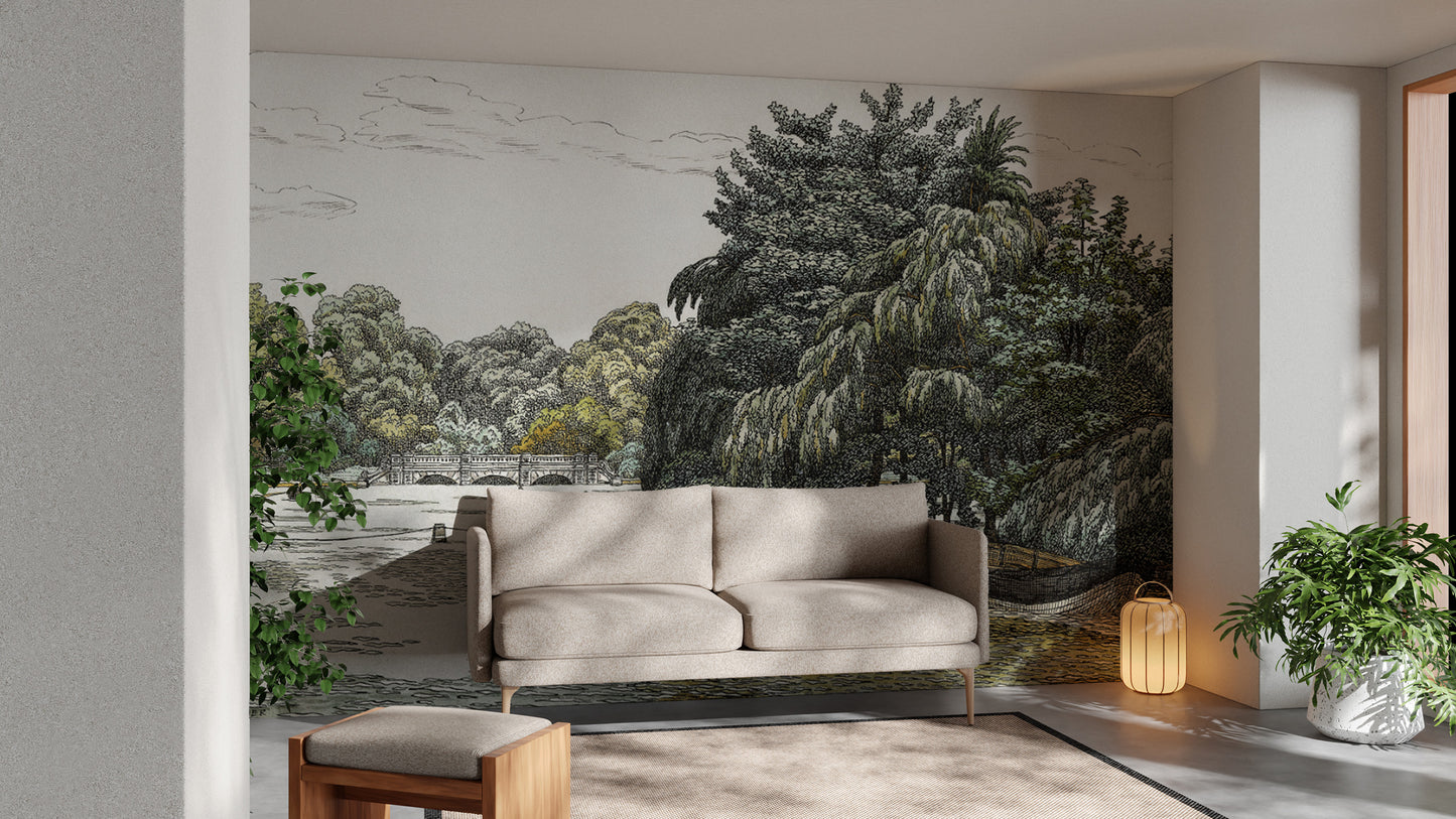 Classic landscape wall mural with calm waters
