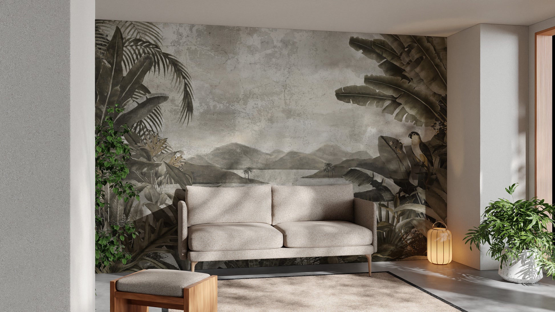 Vintage tropical jungle wallpaper with lush foliage.
