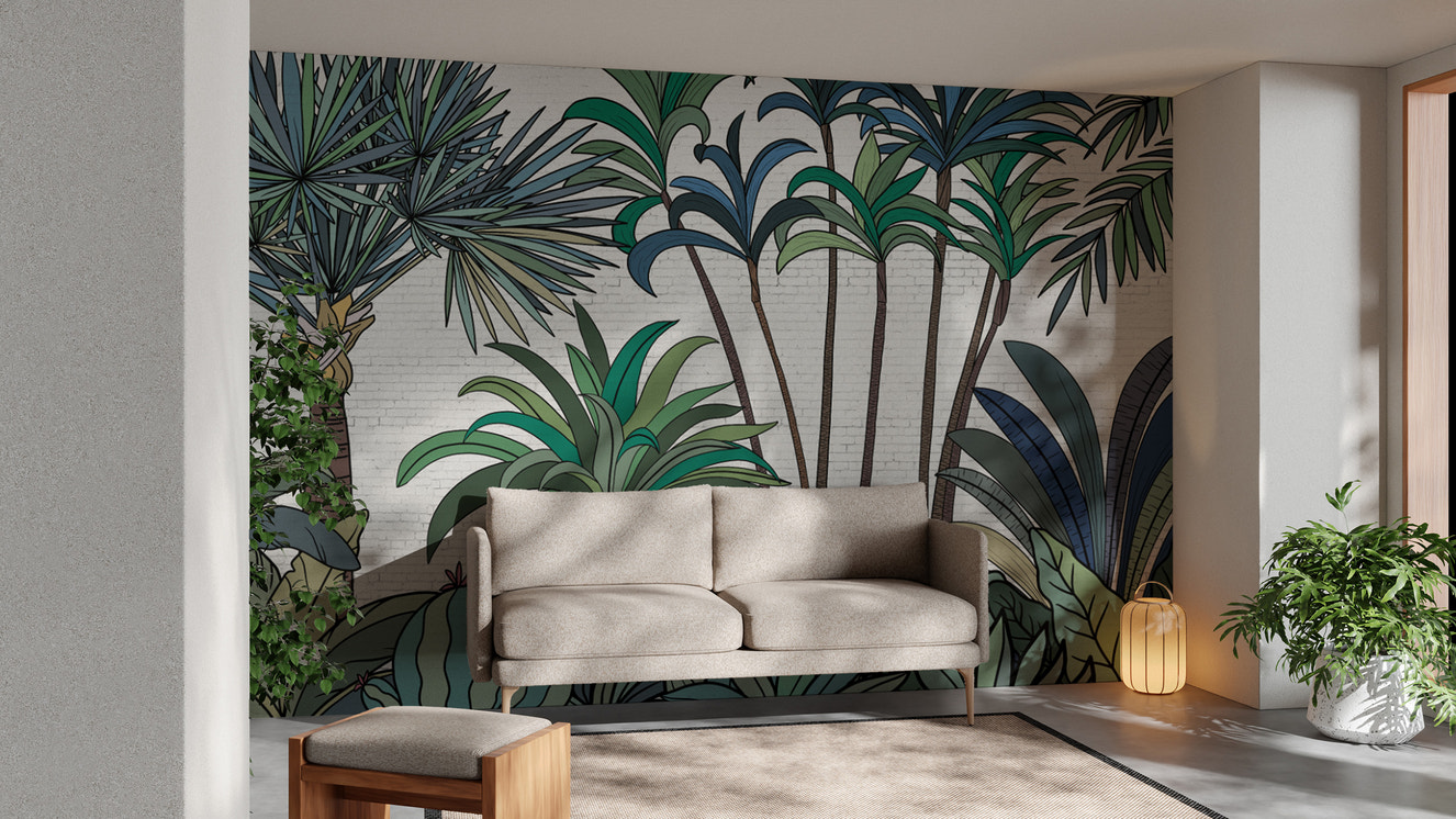 Hand-Drawn Tropical Foliage Wallpaper for walls
