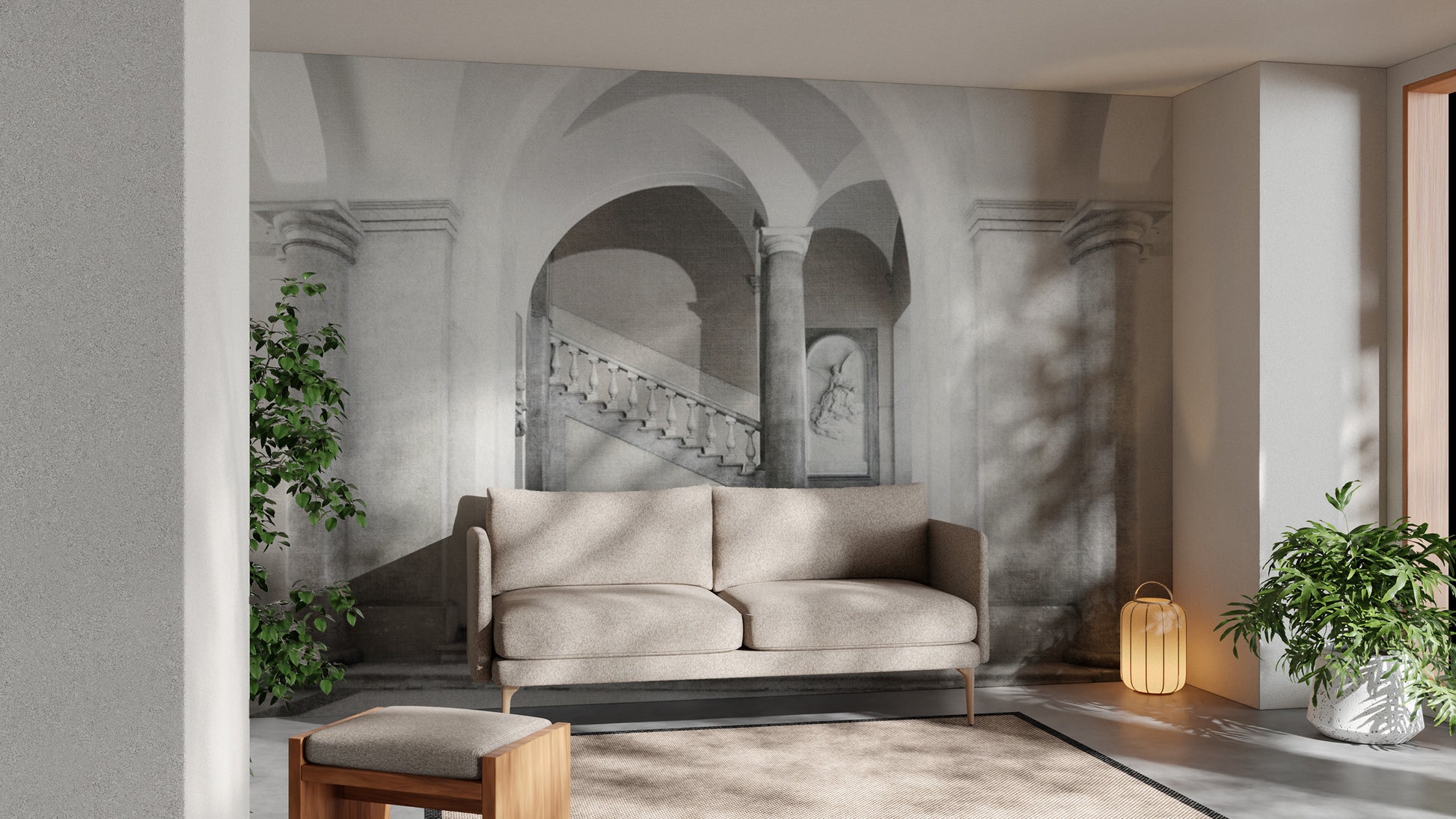 Neoclassical building mural with arched ceilings and pillars
