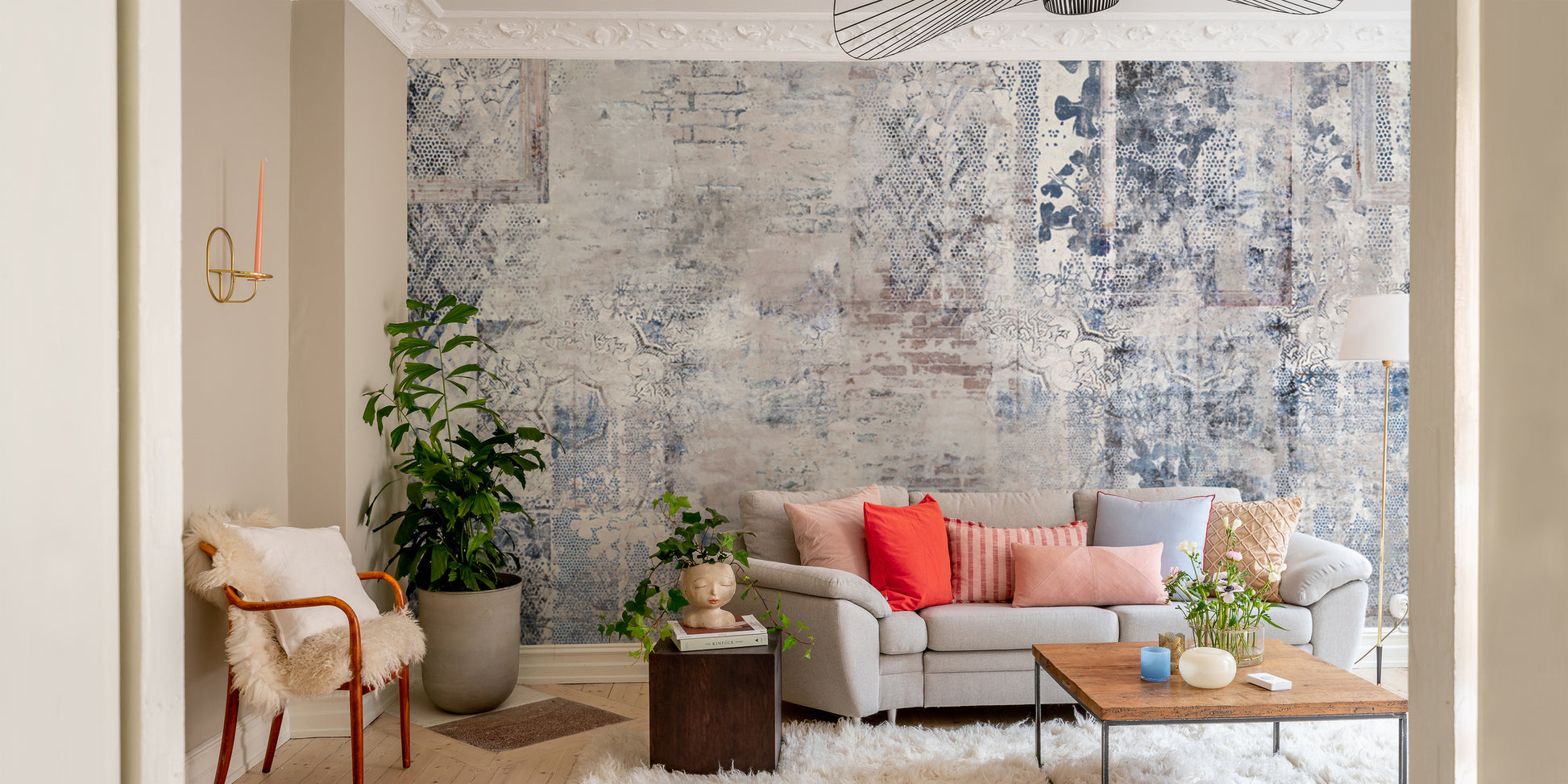 Antique-style distressed wallpaper with rustic details
