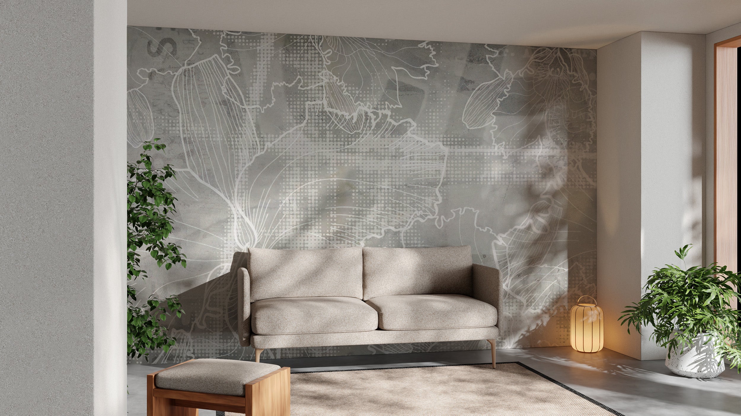 Abstract monochrome floral wallpaper for modern interiors
