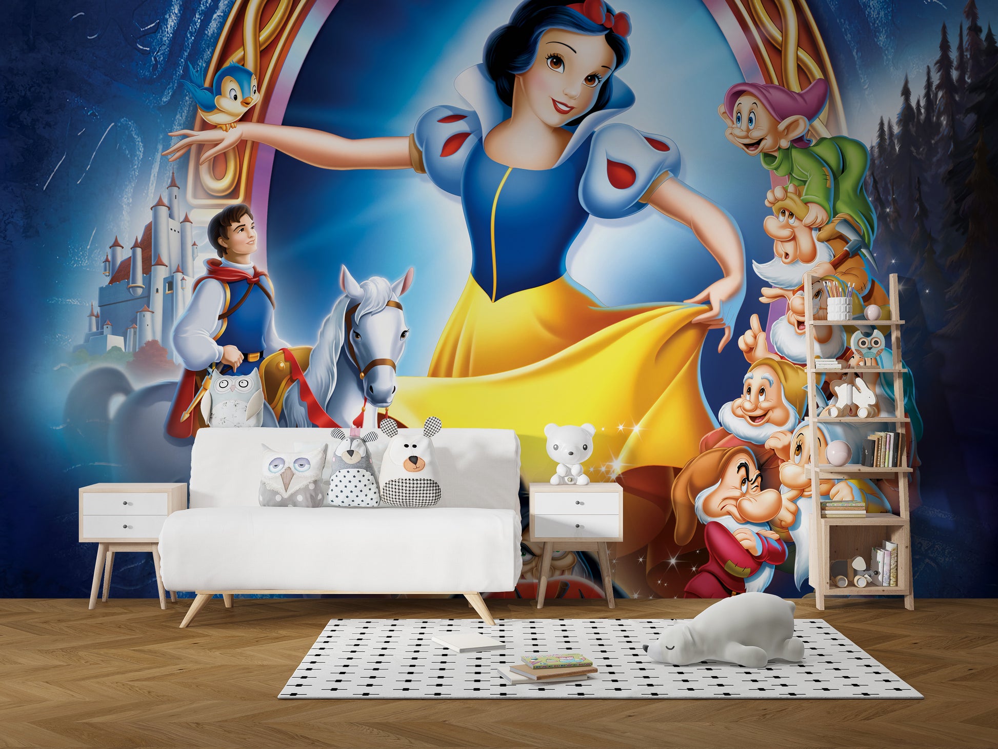 Snow White adventure mural with enchanting fairytale scenes
