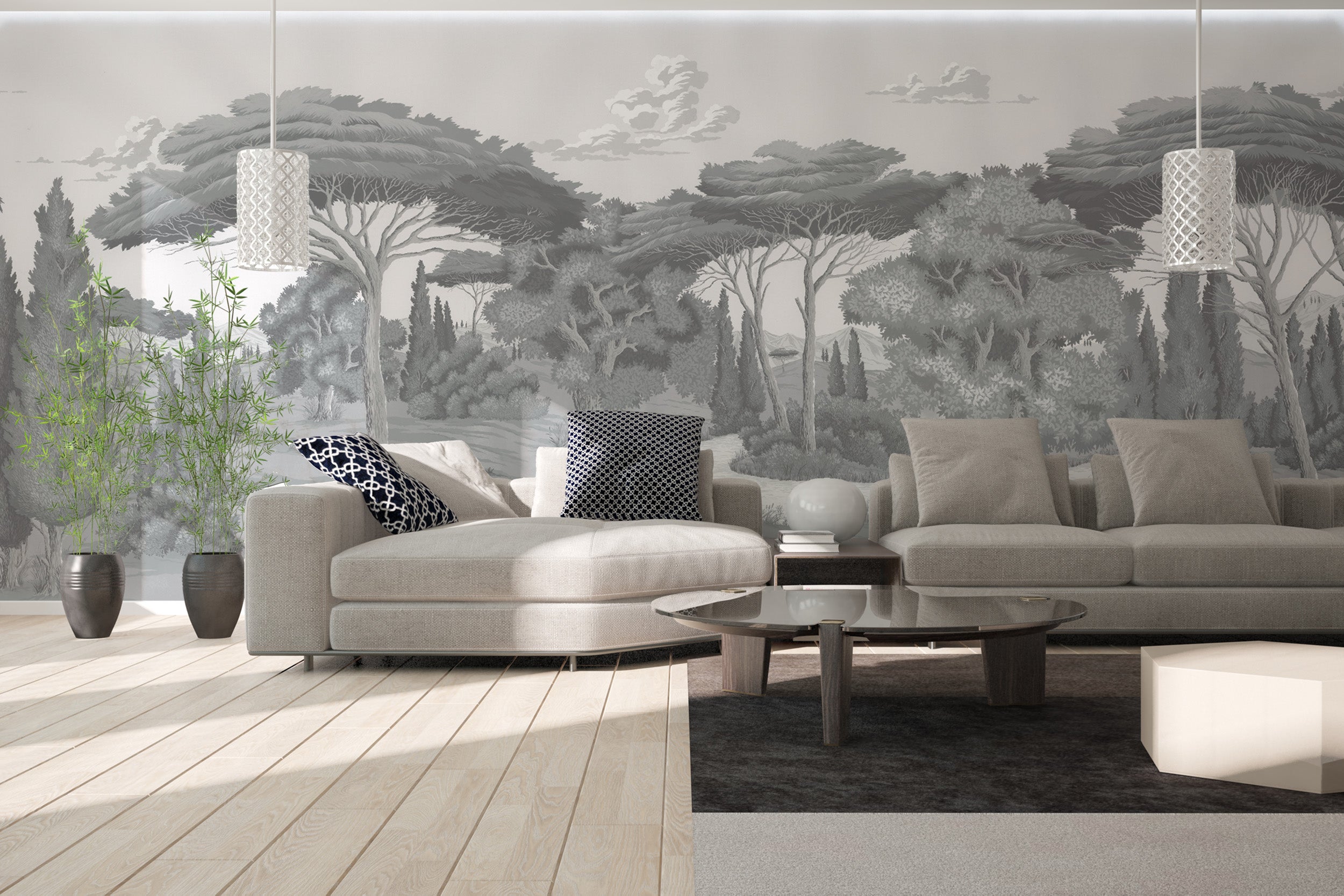 Grayscale forest mural with serene trees and rolling hills
