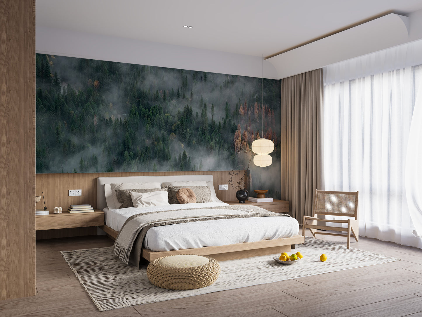 Pine forest wallpaper mural with foggy effect
