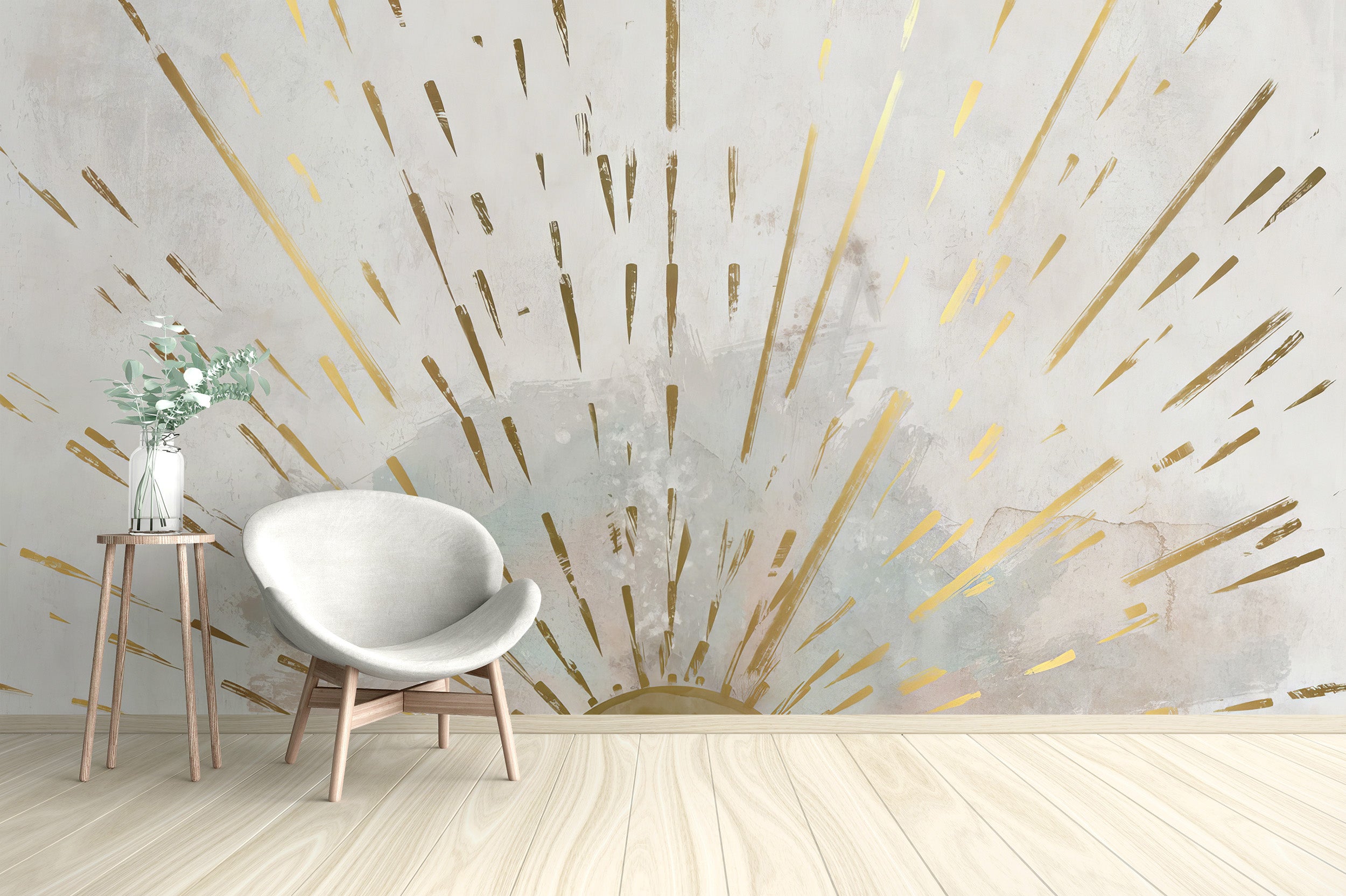 Aurora Gleam wallpaper in the living room with gold accents