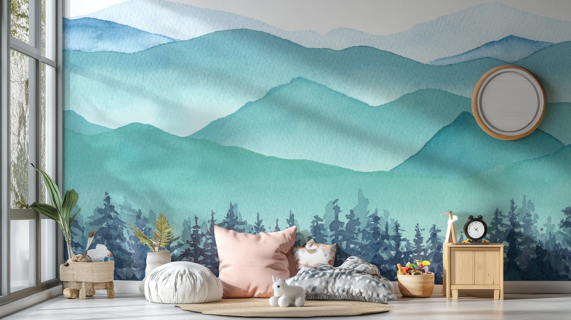 Dreamy landscape mural in green tones.