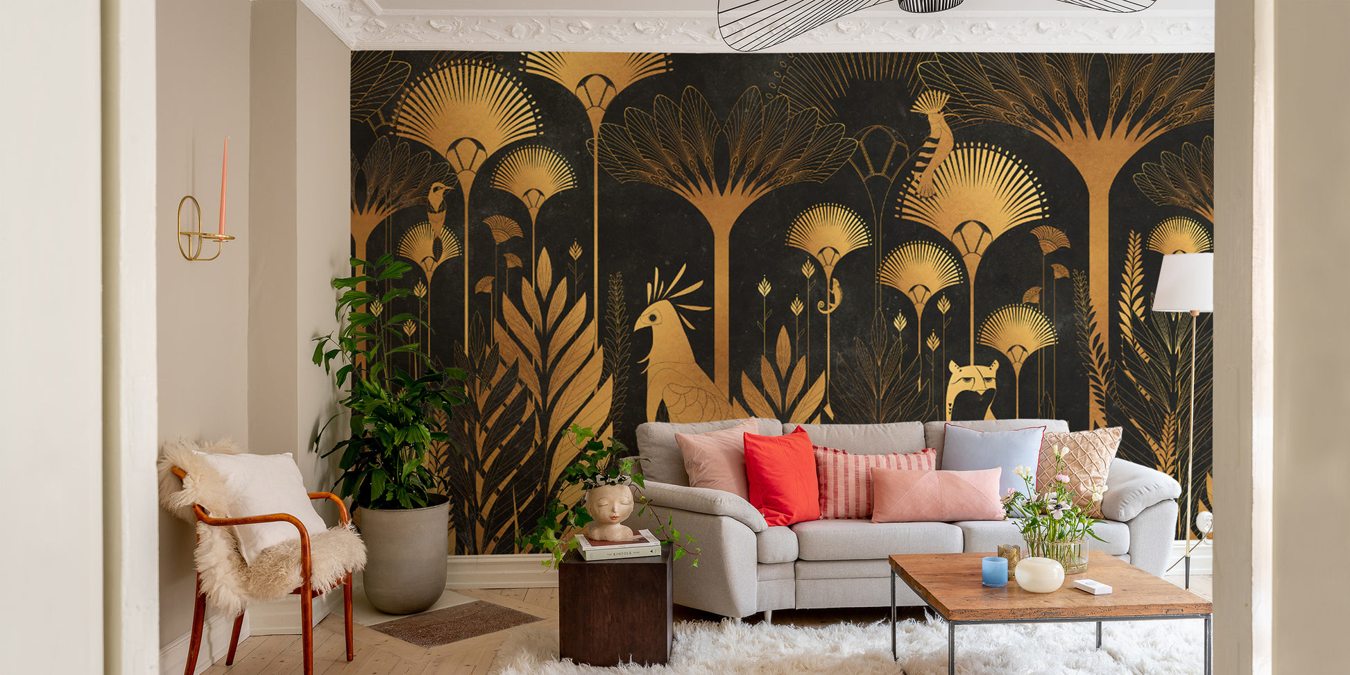 Golden Luxurious Art Deco Jungle Wallpaper with Tropical Theme
