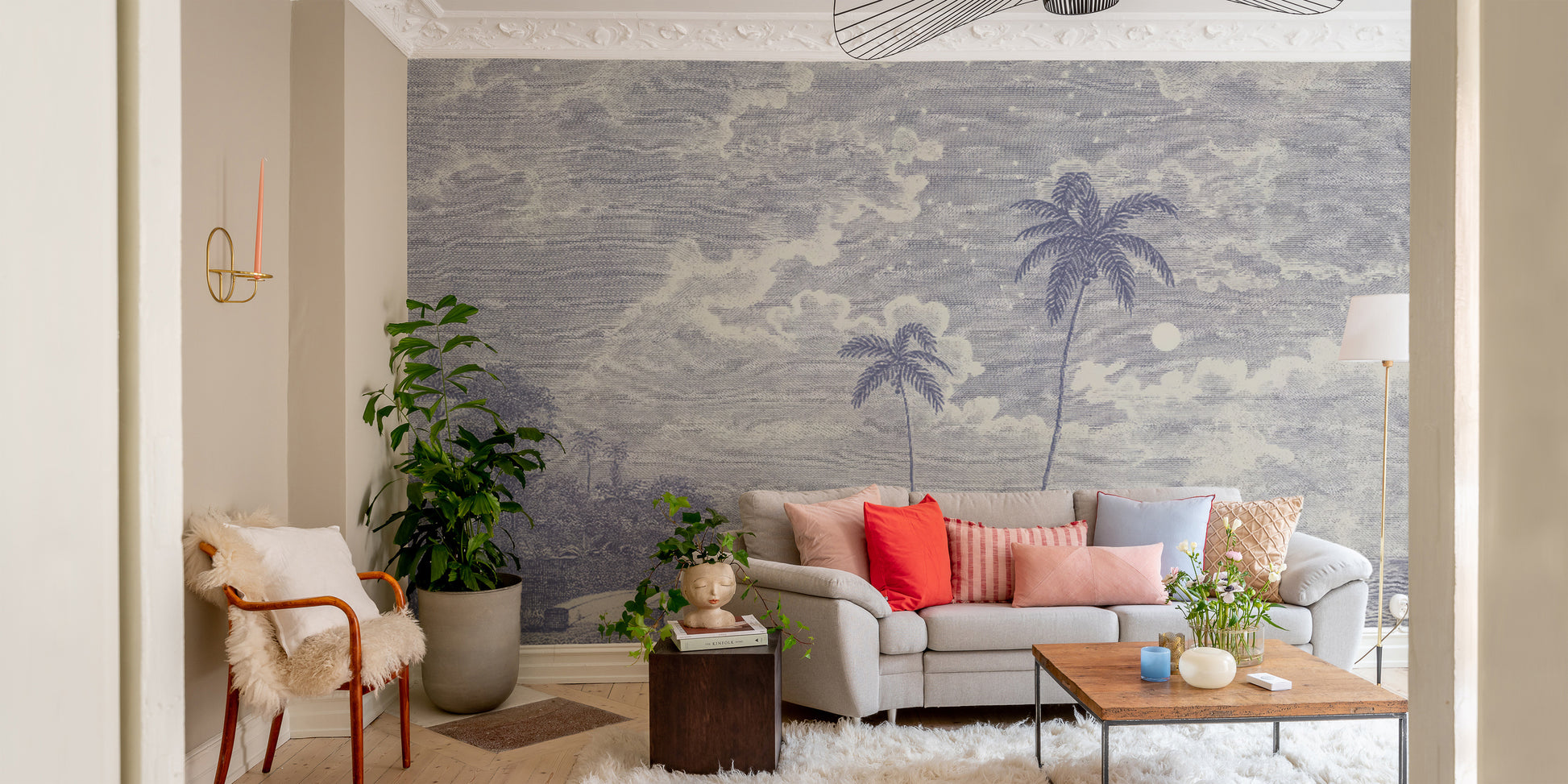 Vintage moonlit tropical beach engraving wallpaper
