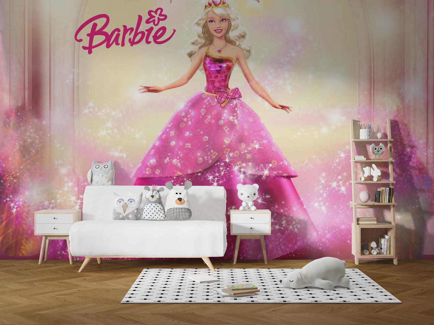 Pink dress Barbie mural adds elegance to kids' room decor
