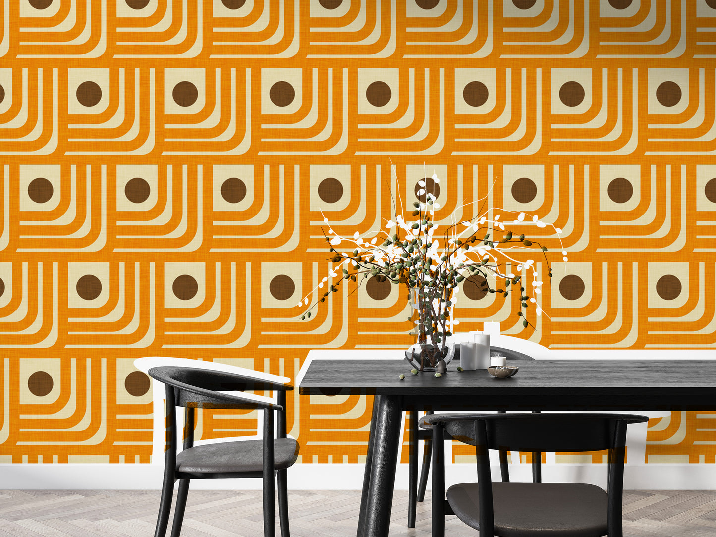 Vintage-inspired 70s orange geometric wallpaper
