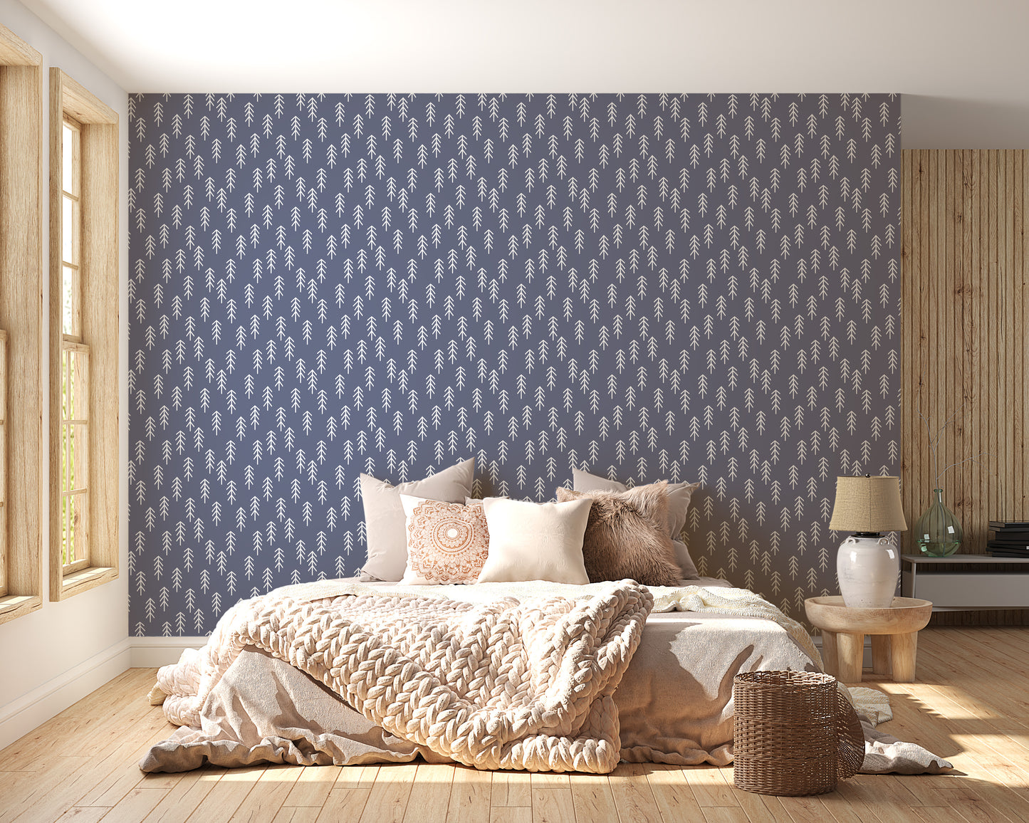 Navy blue wallpaper with pine patterns
