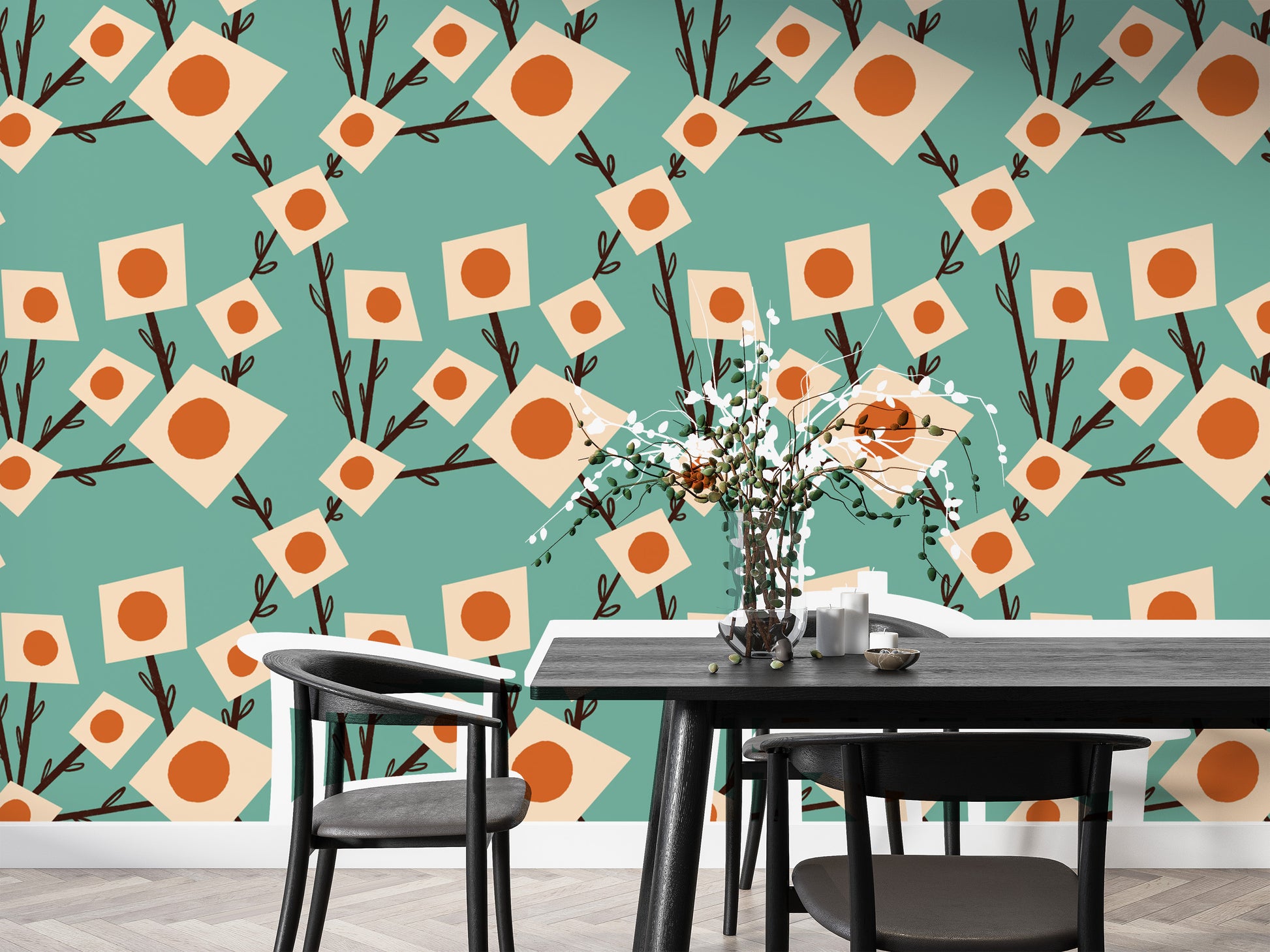 Contemporary square floral wallpaper style
