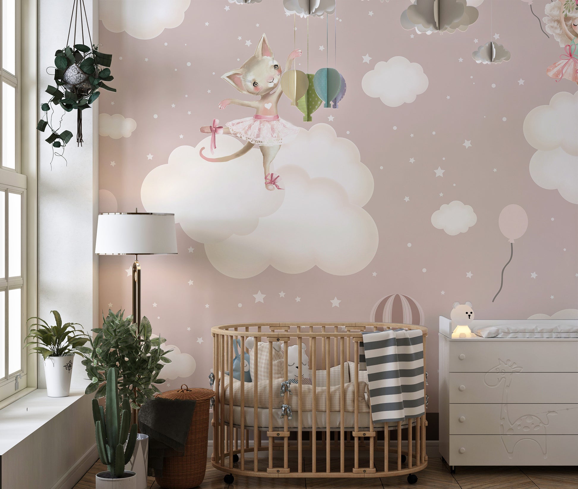 Playful animal characters on enchanted cloud mural