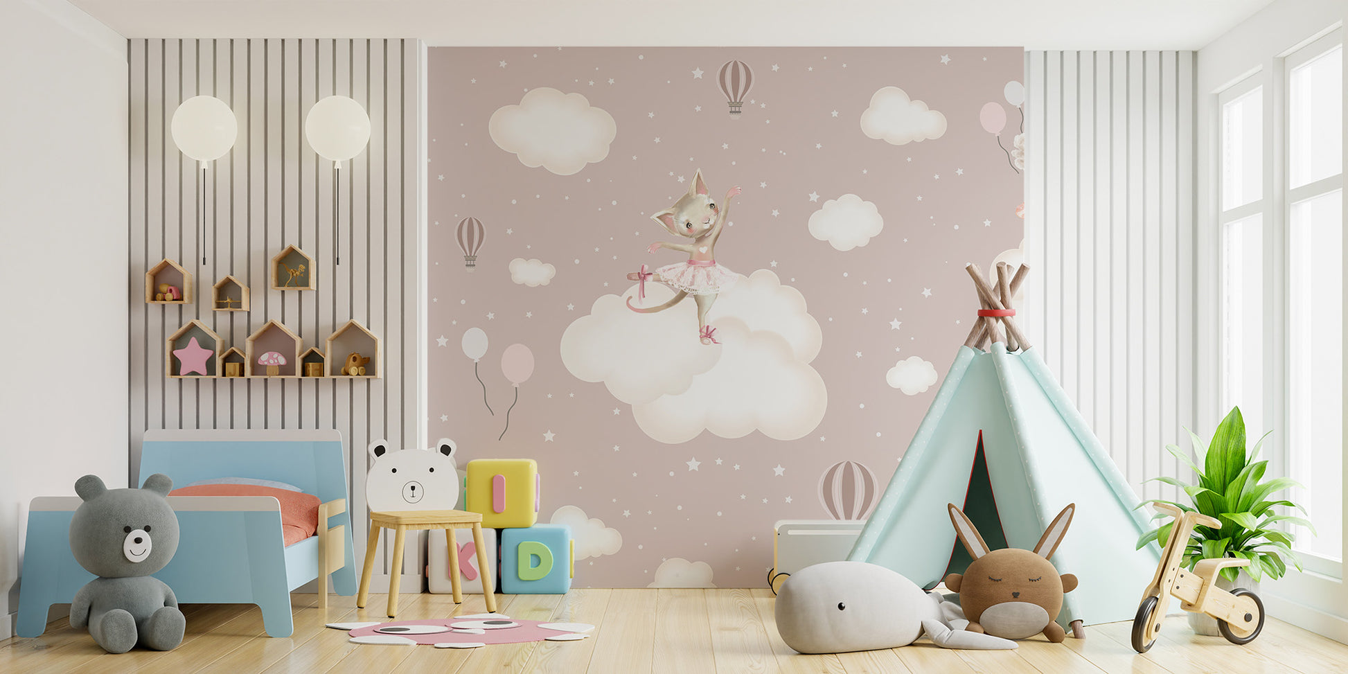 Soft cloud wallpaper with dancing animals and stars