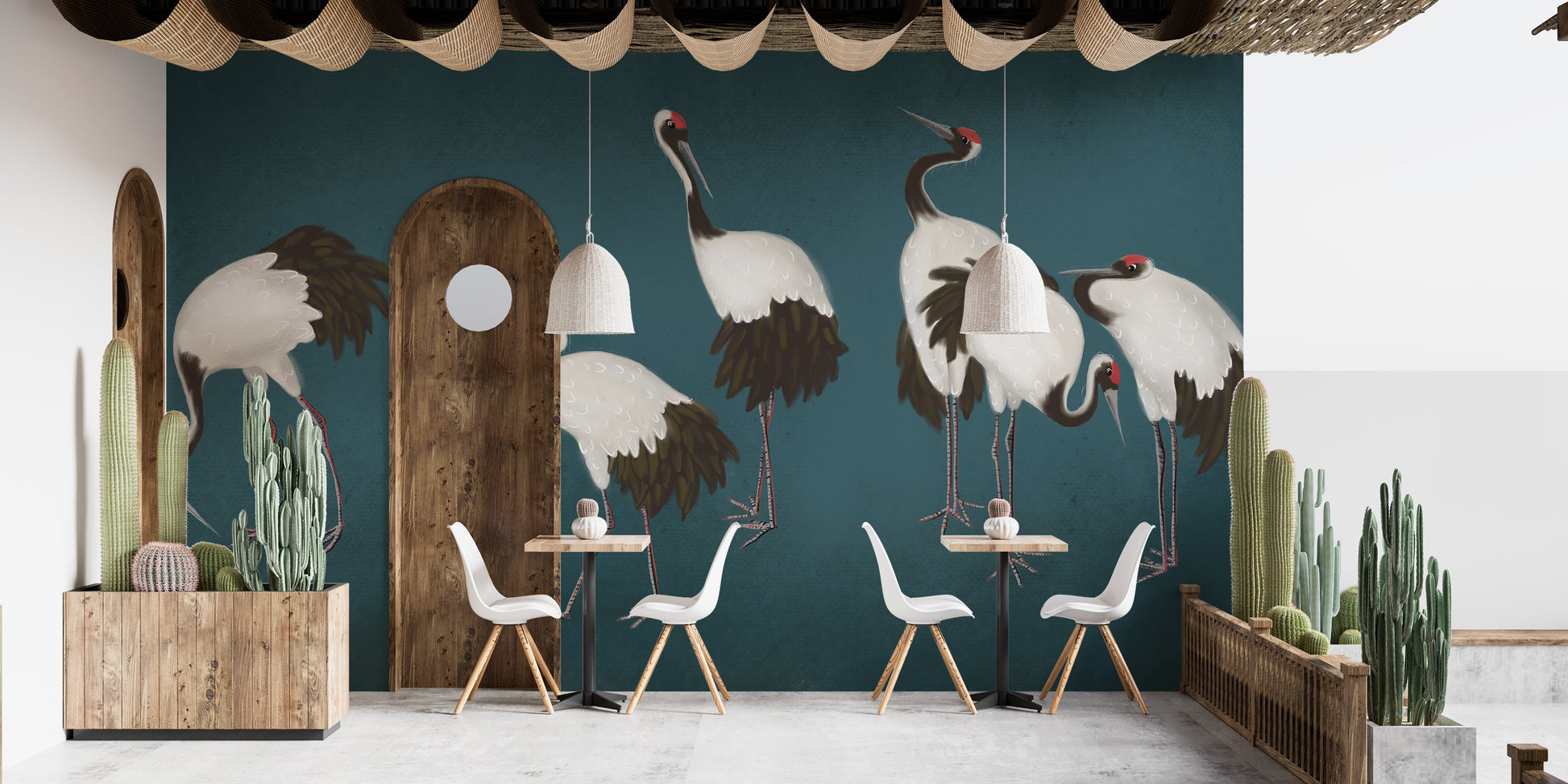 Watercolor crane wallpaper for tranquil decor for cafe